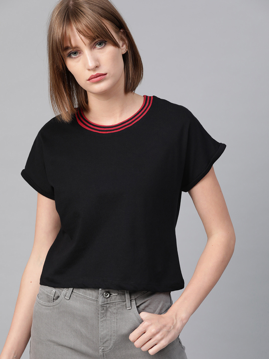 Roadster Black Round Neck Pure Cotton Top