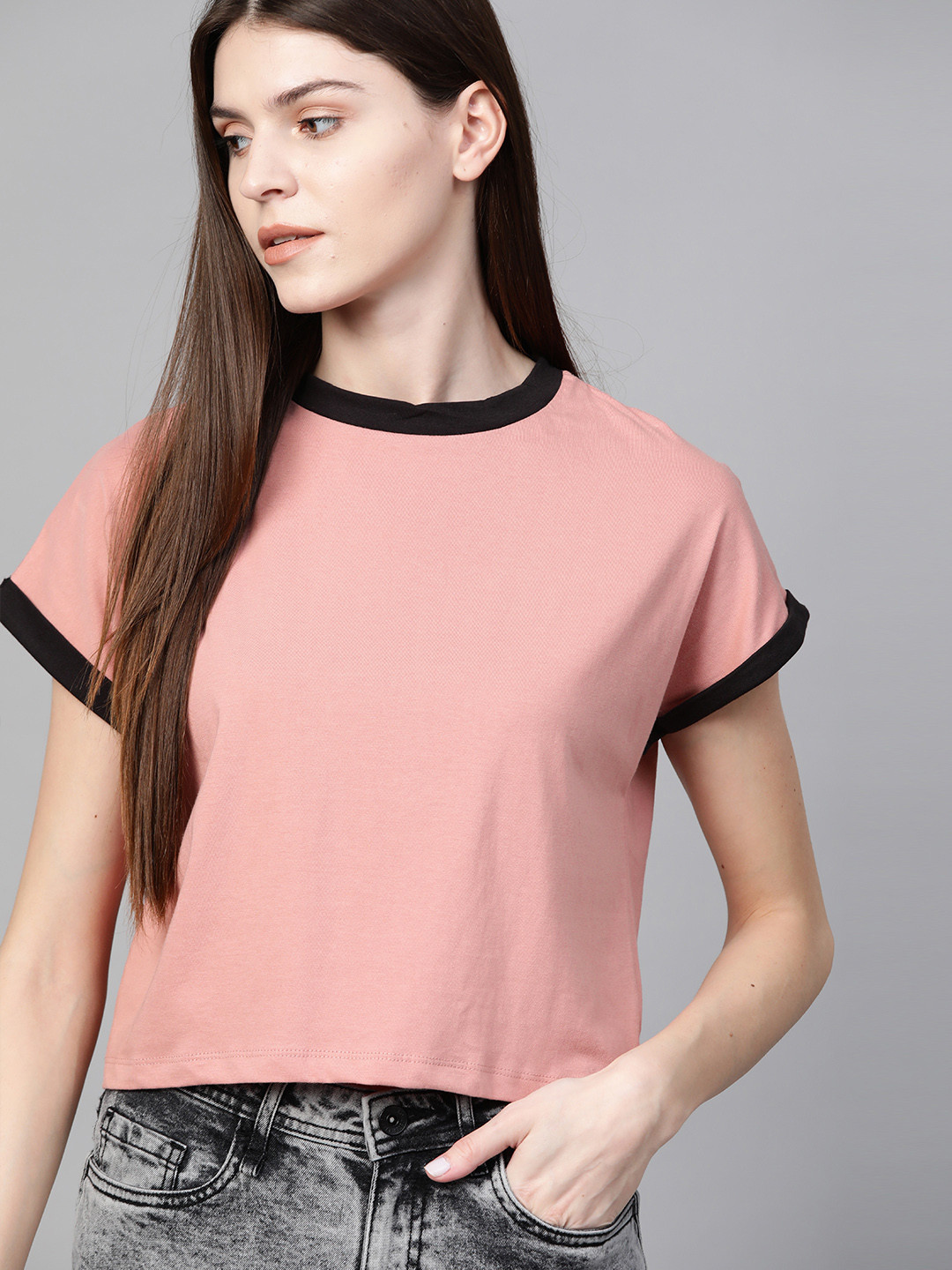Roadster Women Pink Solid Round Neck  Cotton Crop T-shirt