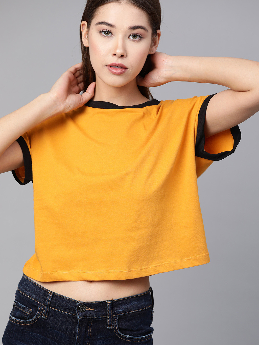 Roadster Mustard Yellow Round Neck Cropped Boxy Top