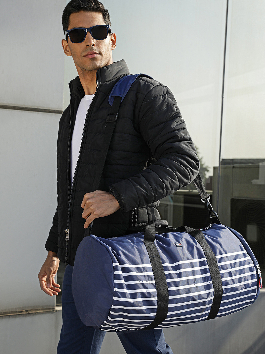 Tommy Hilfiger Unisex Navy Blue & White Striped Duffel Bag