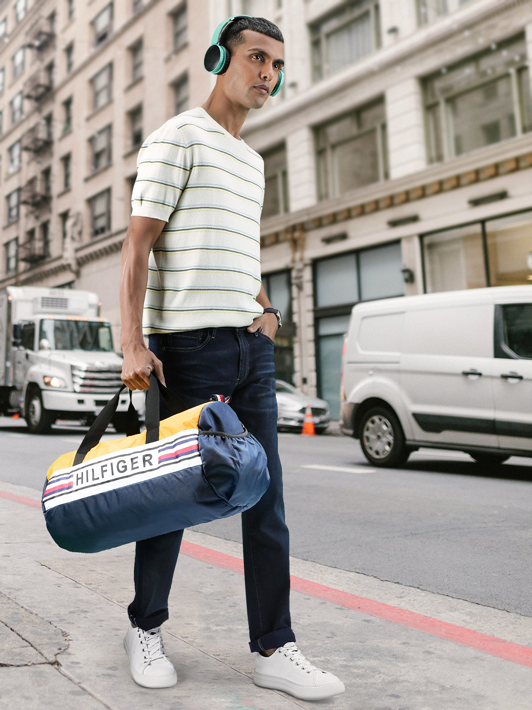 Tommy Hilfiger Unisex Navy Blue & Yellow Colourblocked Duffel Bag