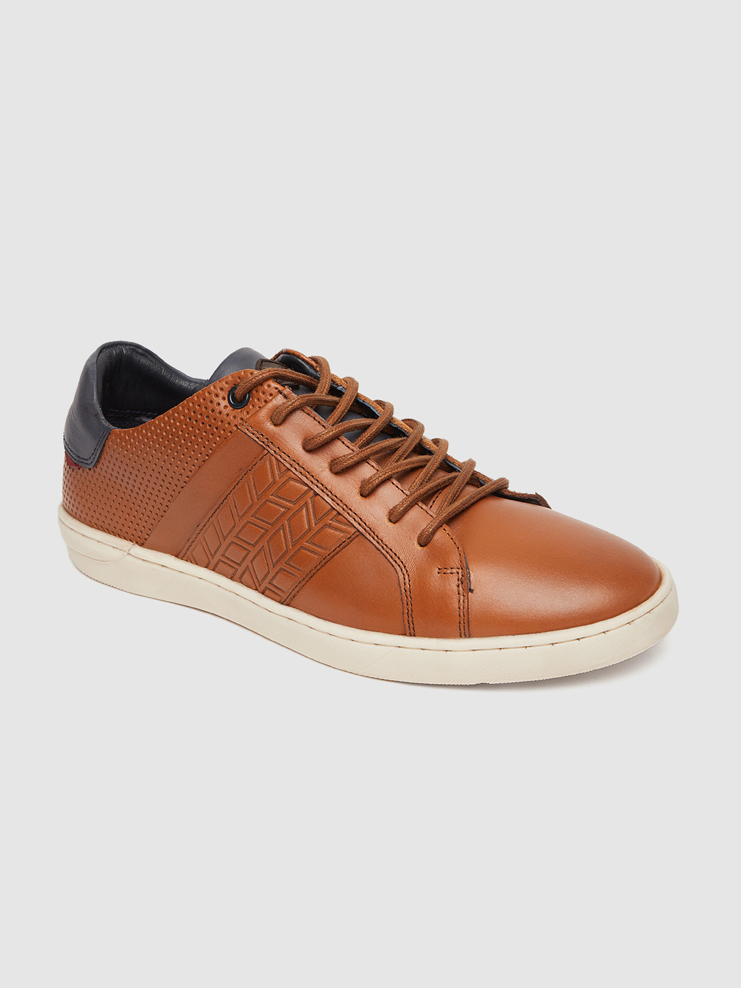 Lee Cooper Men Tan Brown Leather Perforated Sneakers