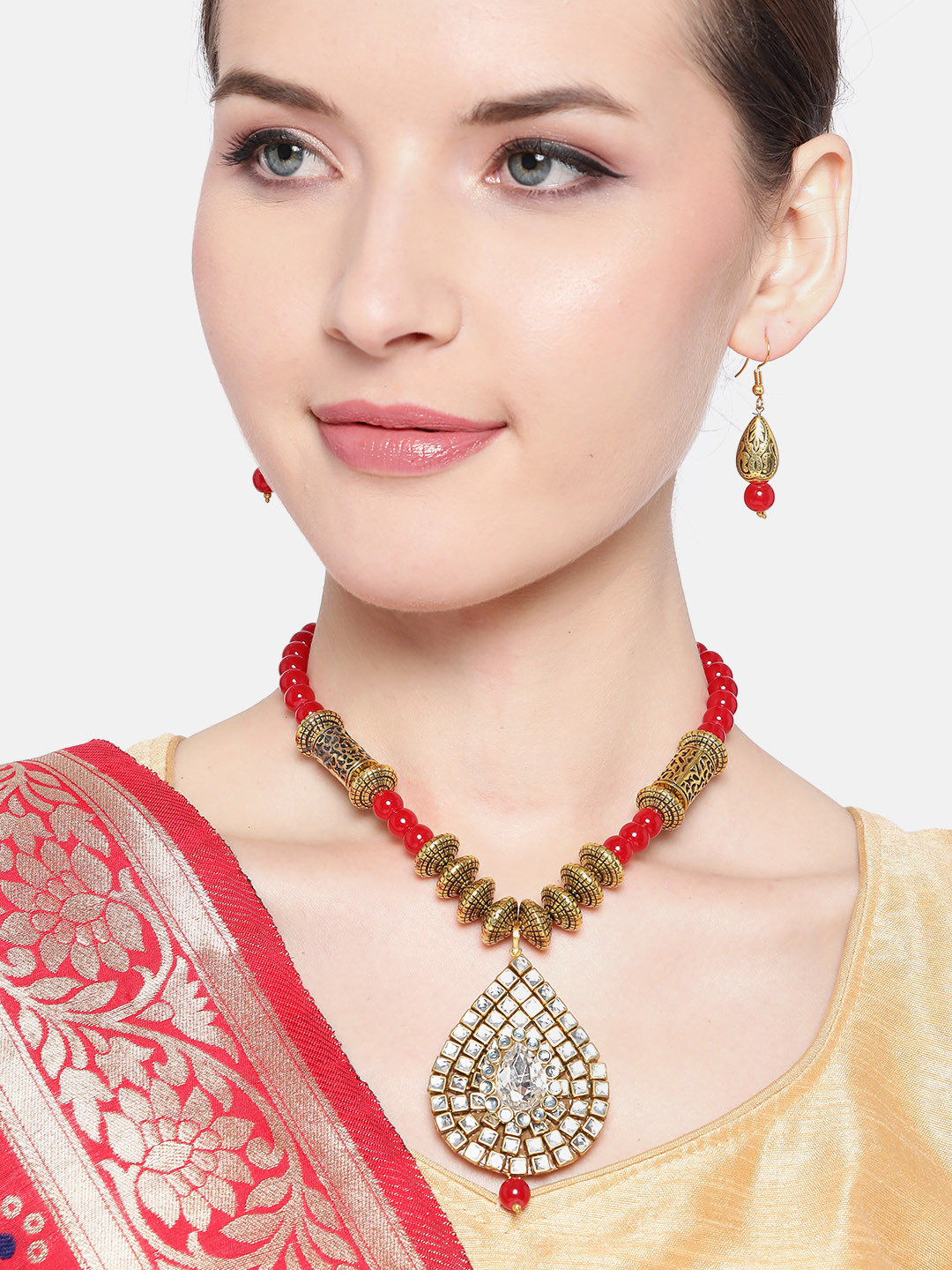 Jewels Galaxy Red Antique Gold-Plated Stone-Studded & Beaded Jewellery Set