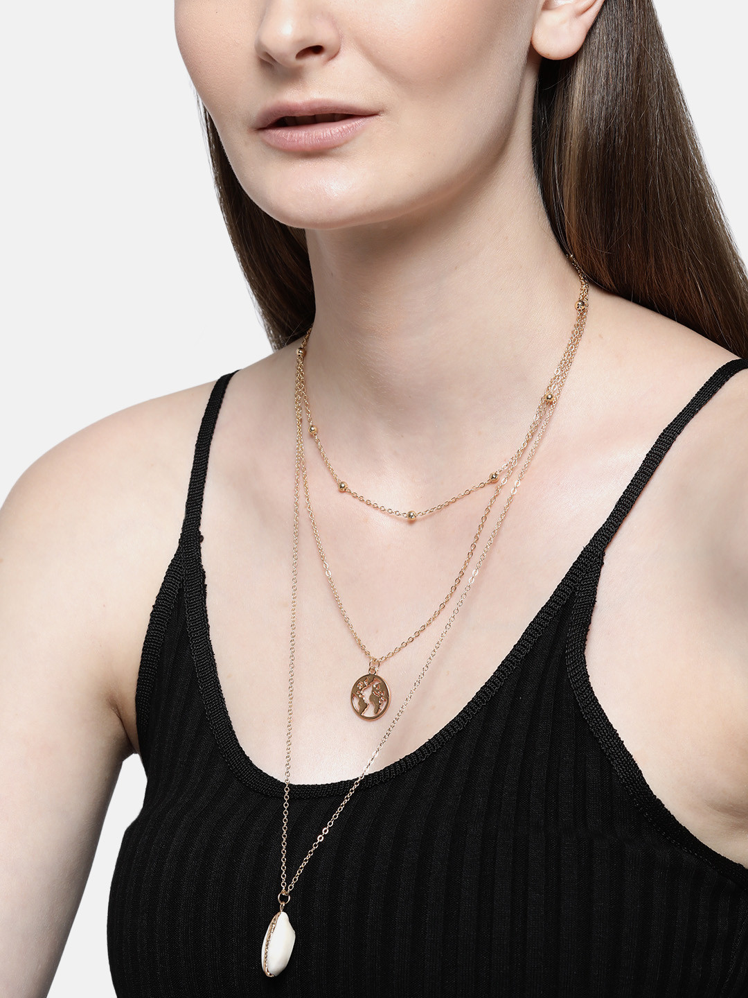 Jewels Galaxy Gold-Plated Layered Necklace With Cowrie Detail