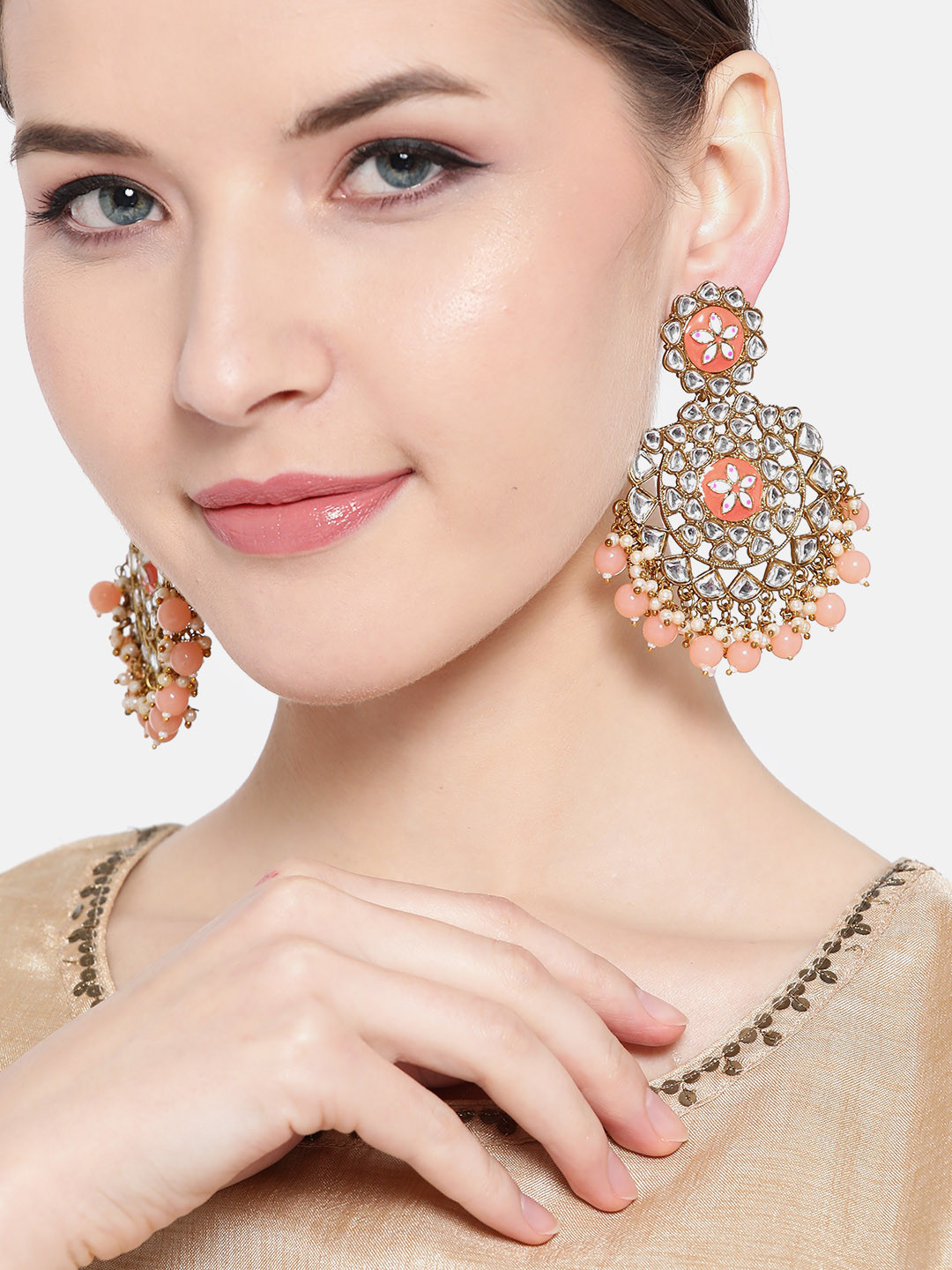 Jewels Galaxy Coral Orange Gold-Plated Enamelled Stone-Studded Classic Drop Earrings
