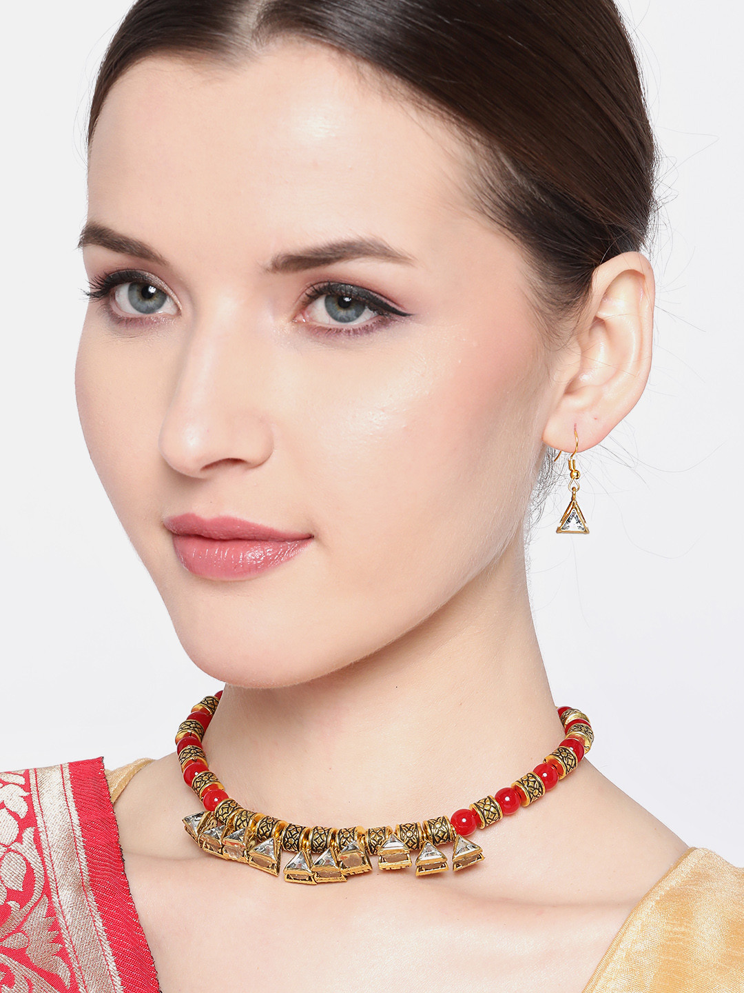 Jewels Galaxy Red Antique Gold-Plated Stone-Studded & Beaded Jewellery Set
