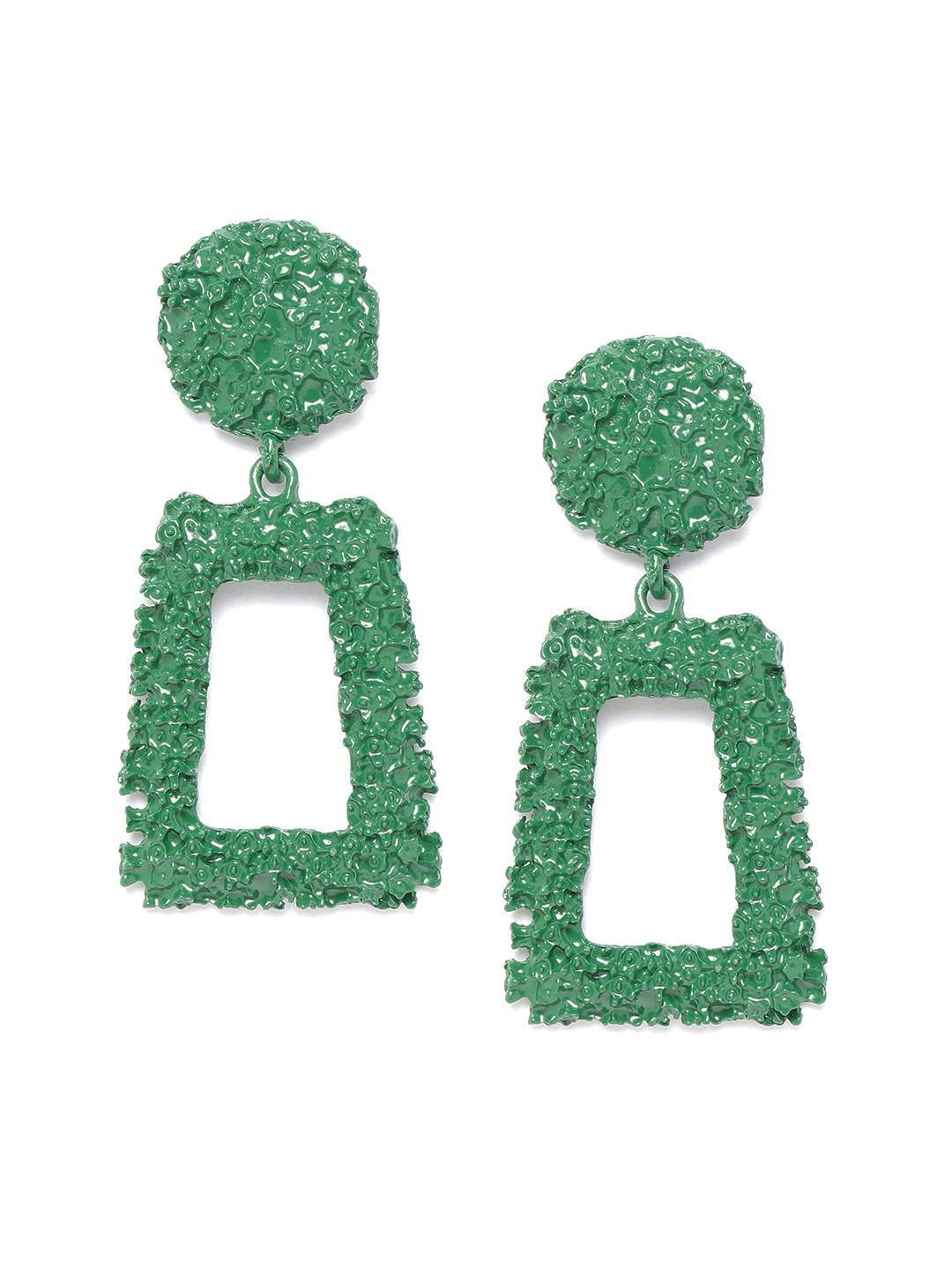 Jewels Galaxy Green Enamelled Textured Geometric Drop Earrings