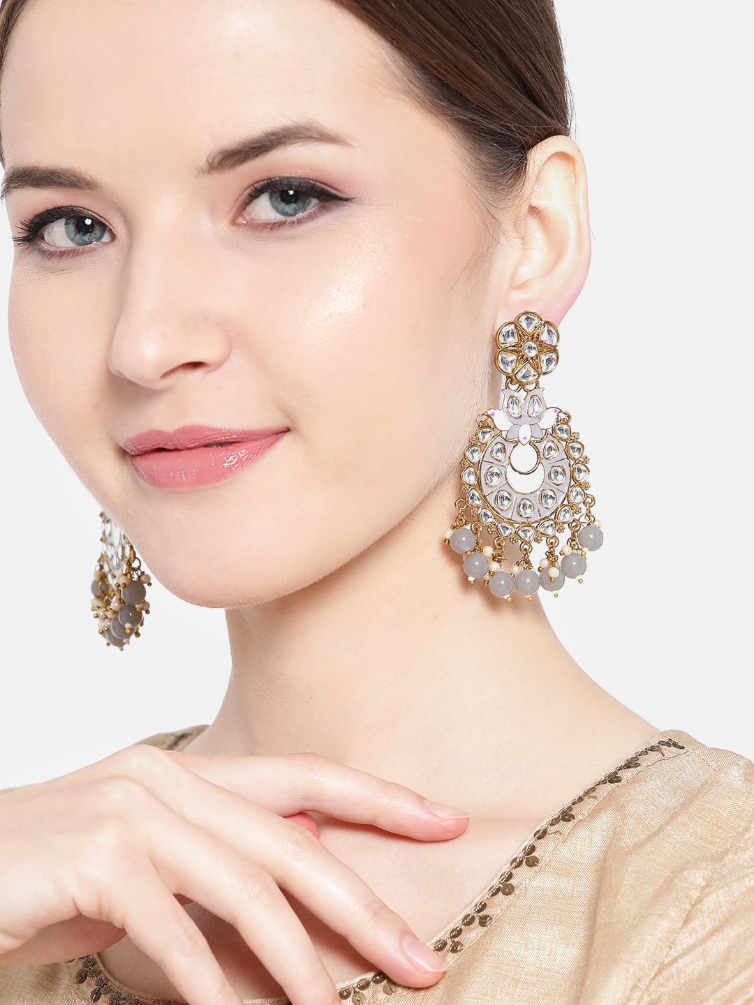 Jewels Galaxy Grey Gold-Plated Stone-Studded & Beaded Crescent Shaped Chandbalis
