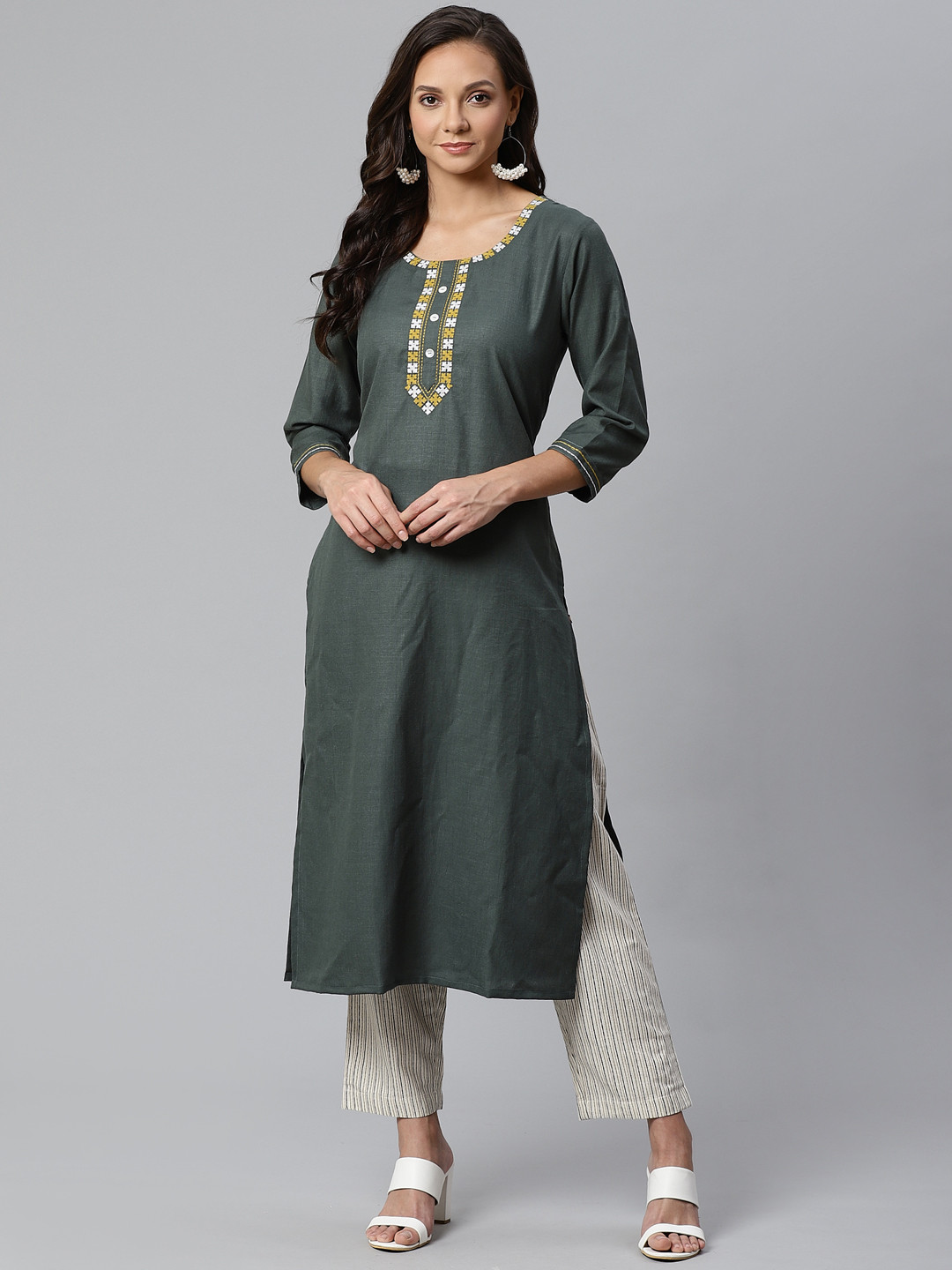 KSUT Women Olive Green & Off-White Solid Kurta with Trousers