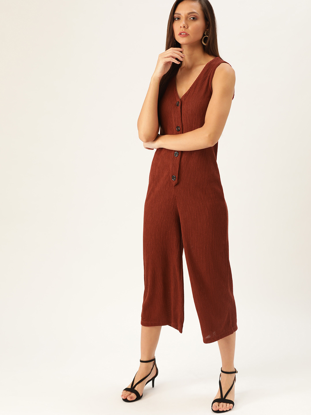 MANGO Women Maroon Pleated Cropped Basic Jumpsuit