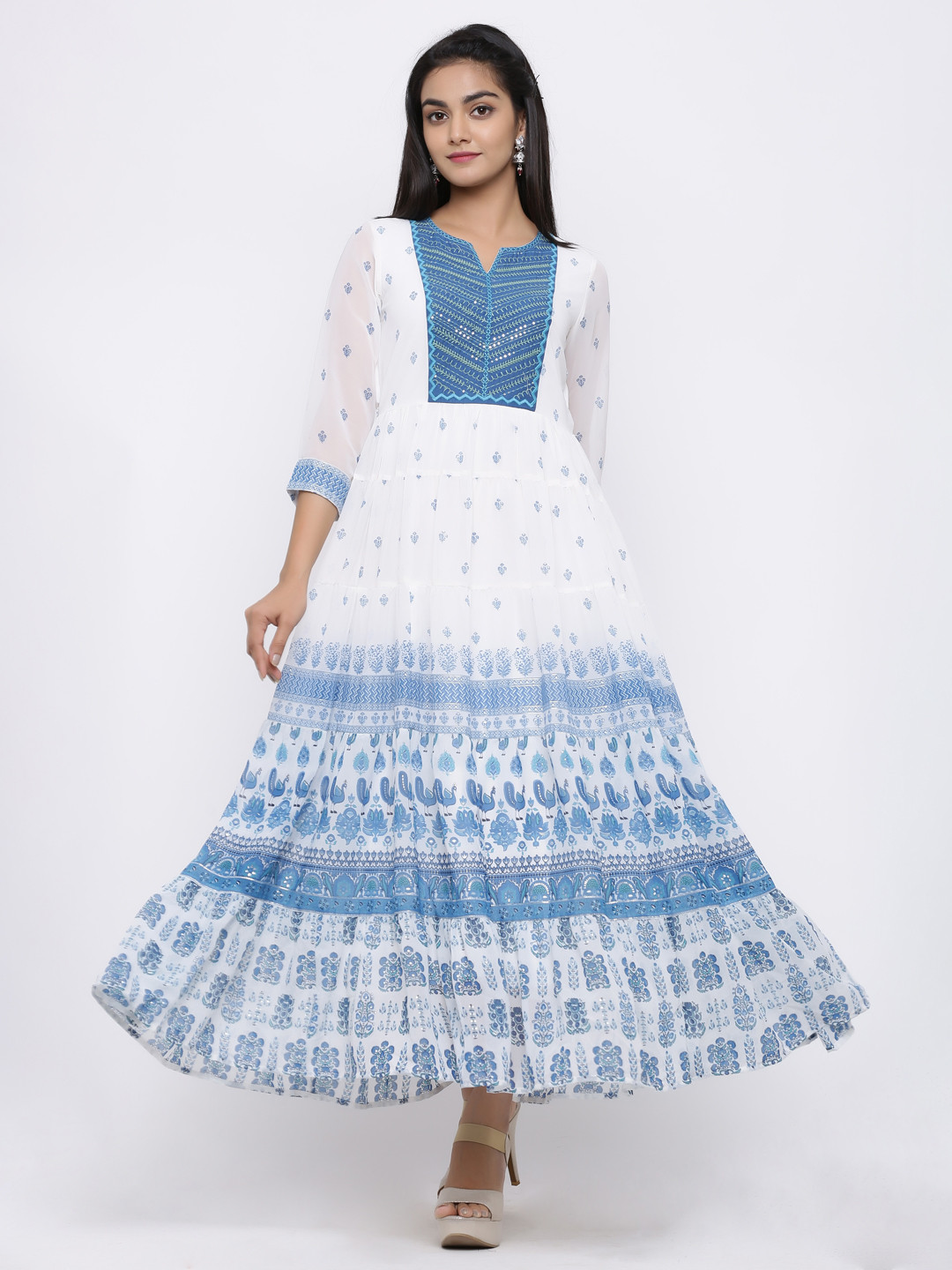Juniper Women Blue & White Printed Embroidered Maxi Dress