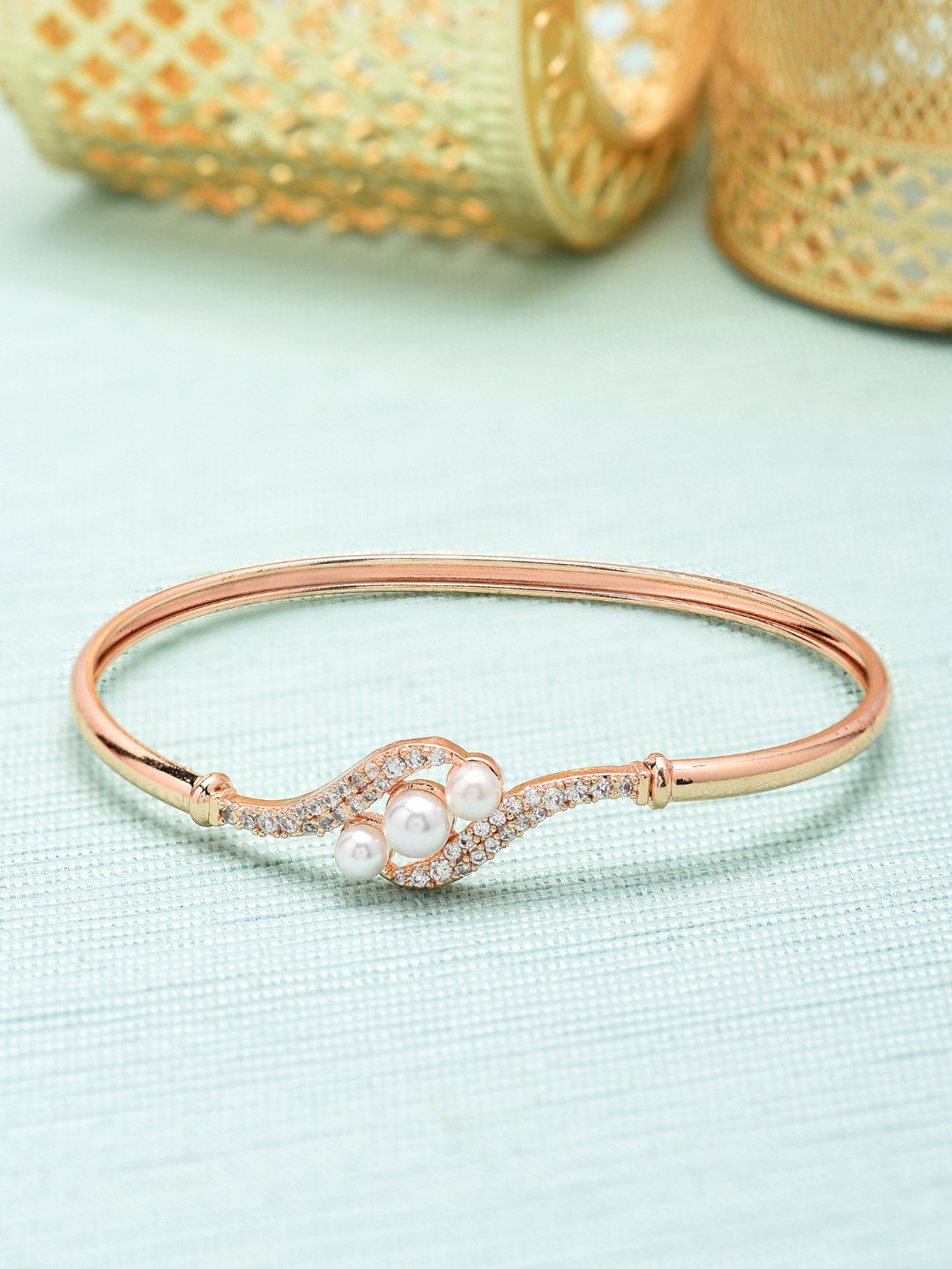 Zaveri Pearls Rose Gold-Plated Cubic Zirconia & Pearl Bracelet