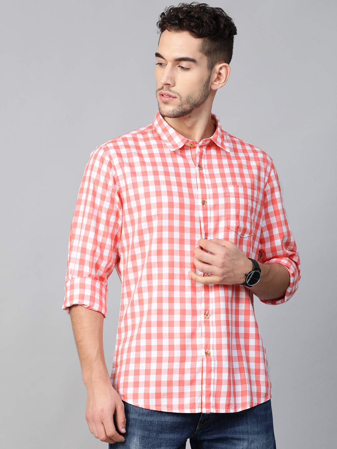 BEAT LONDON by PEPE JEANS Men Coral Pink & White Slim Fit Checked Casual Shirt