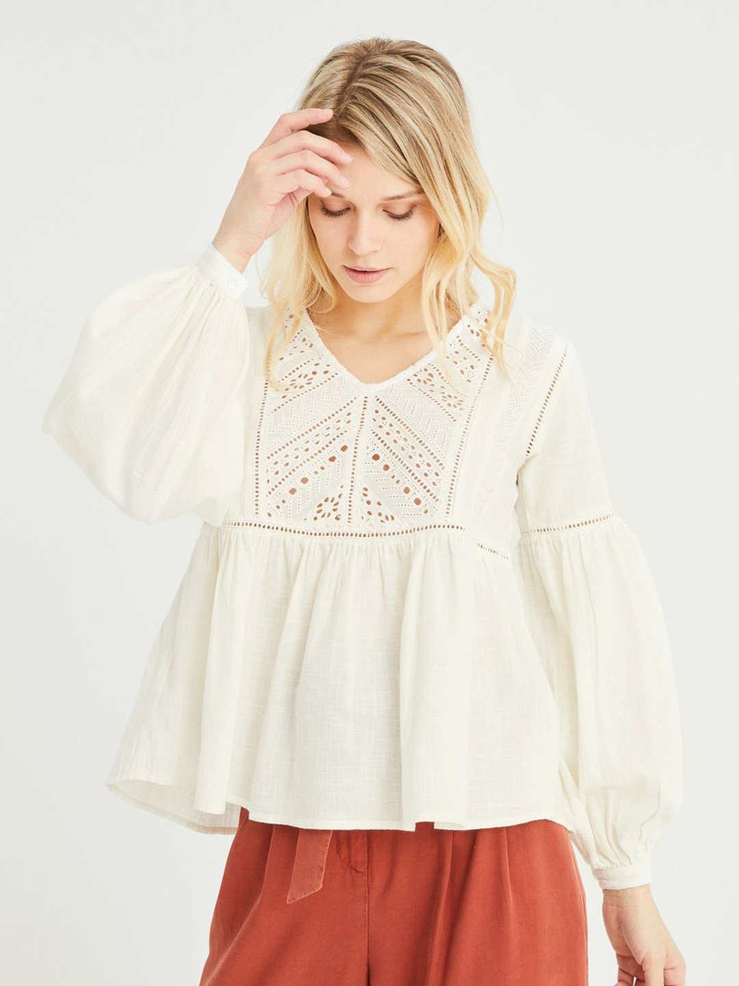 promod Women Off-White Schiffli Embroidered A-Line Pure Cotton Top