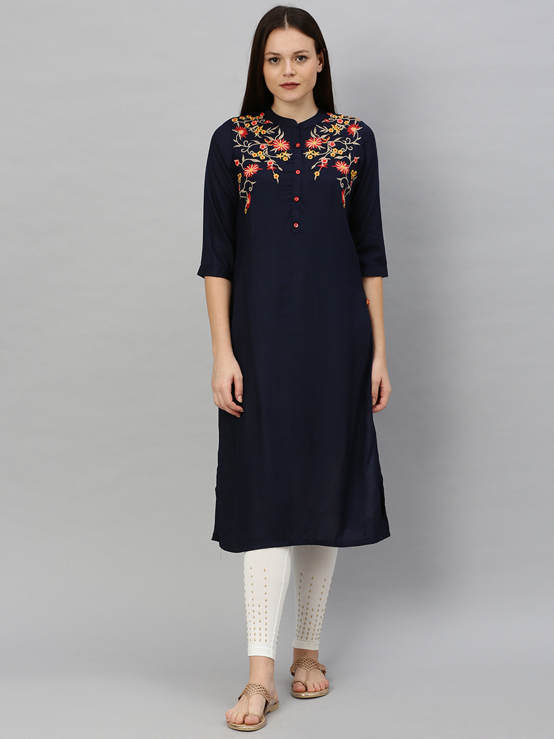 Alena Women Navy Blue & Red Floral Embroidered Straight Kurta