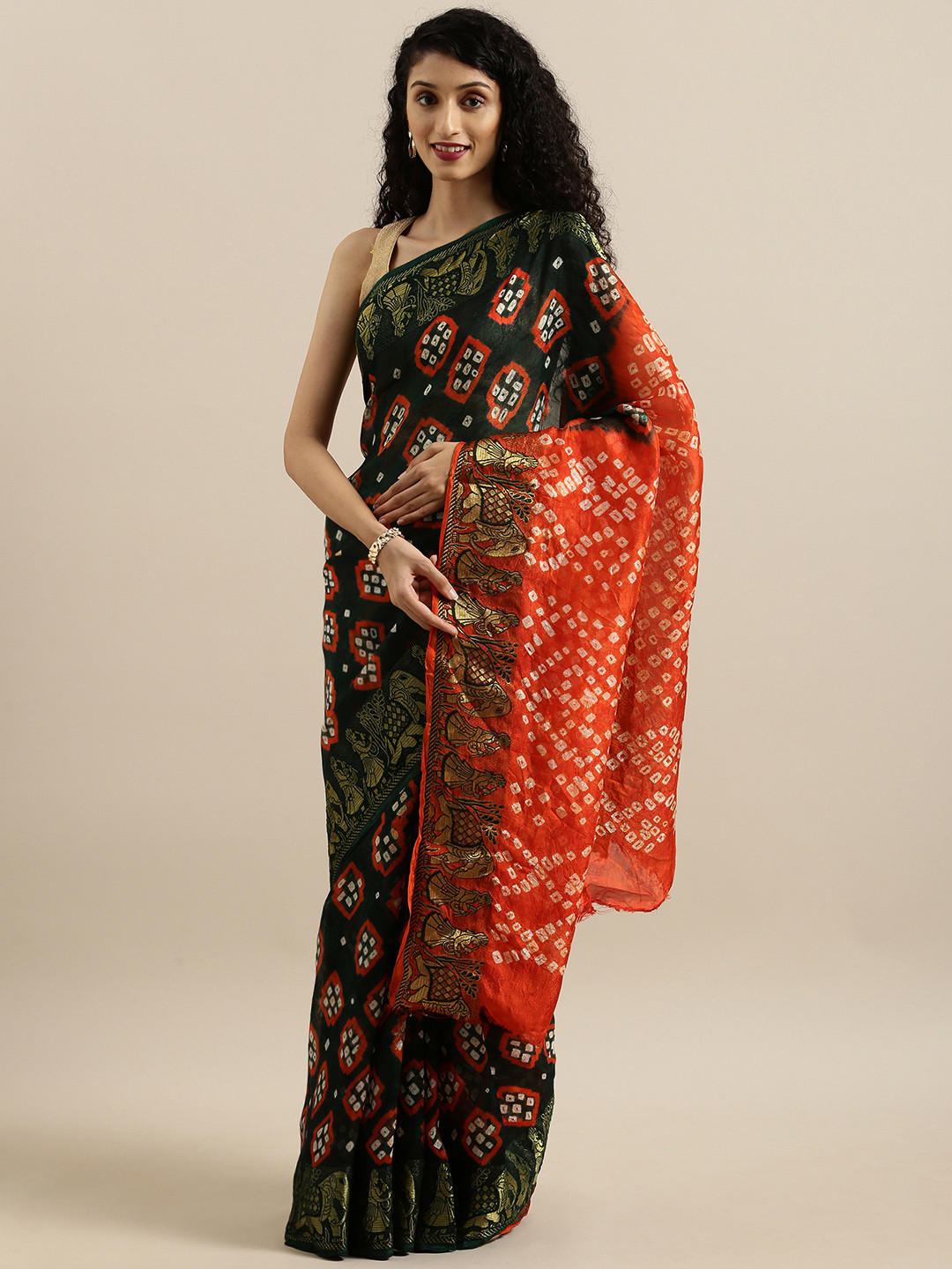 Geroo Jaipur Hand Dyed Black & Orange Bandhani Silk  Saree