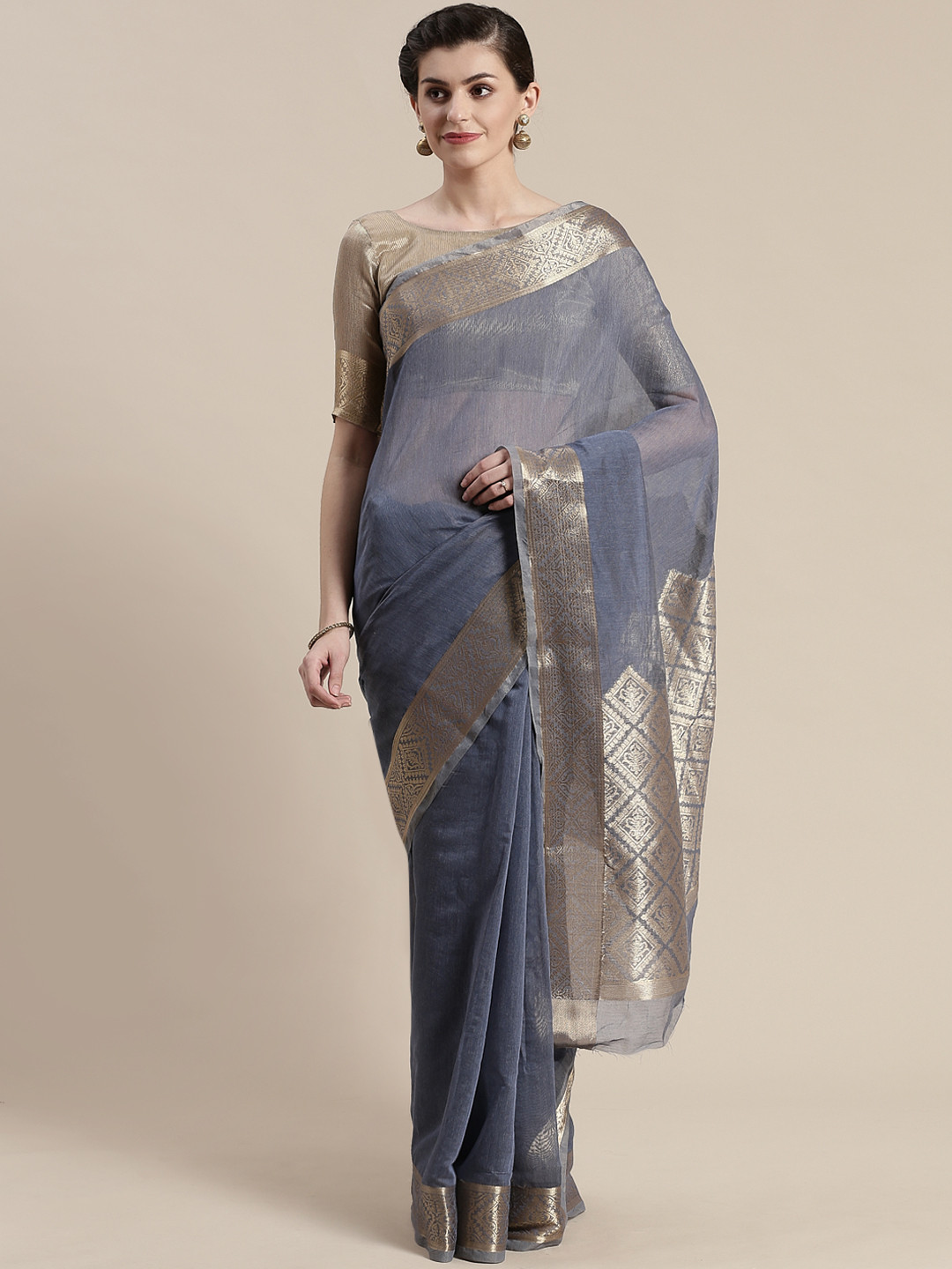 Saree mall Blue & Golden Solid Maheshwari Saree