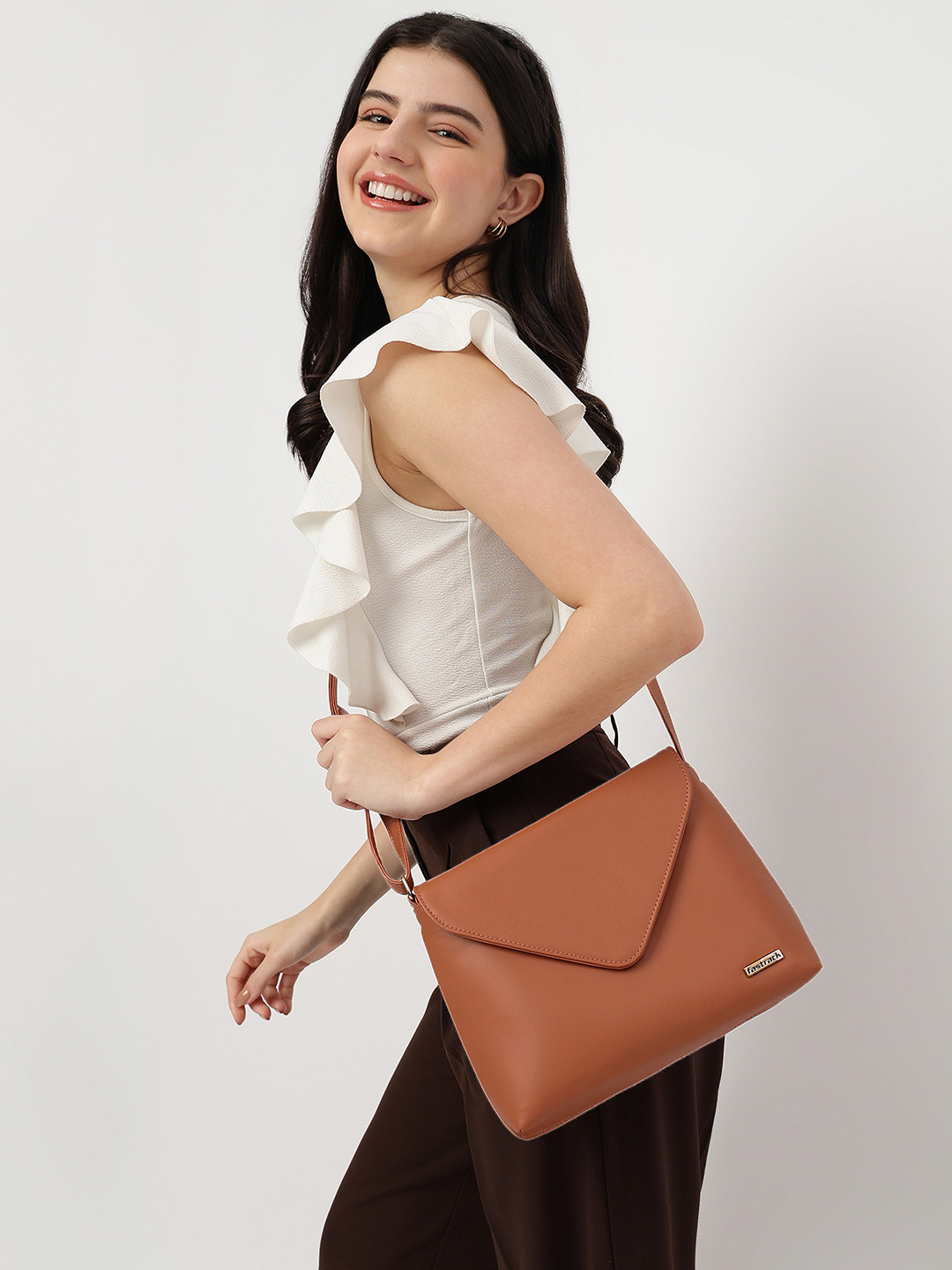 Fastrack Women Tan Solid Flap Closure Sling Bag