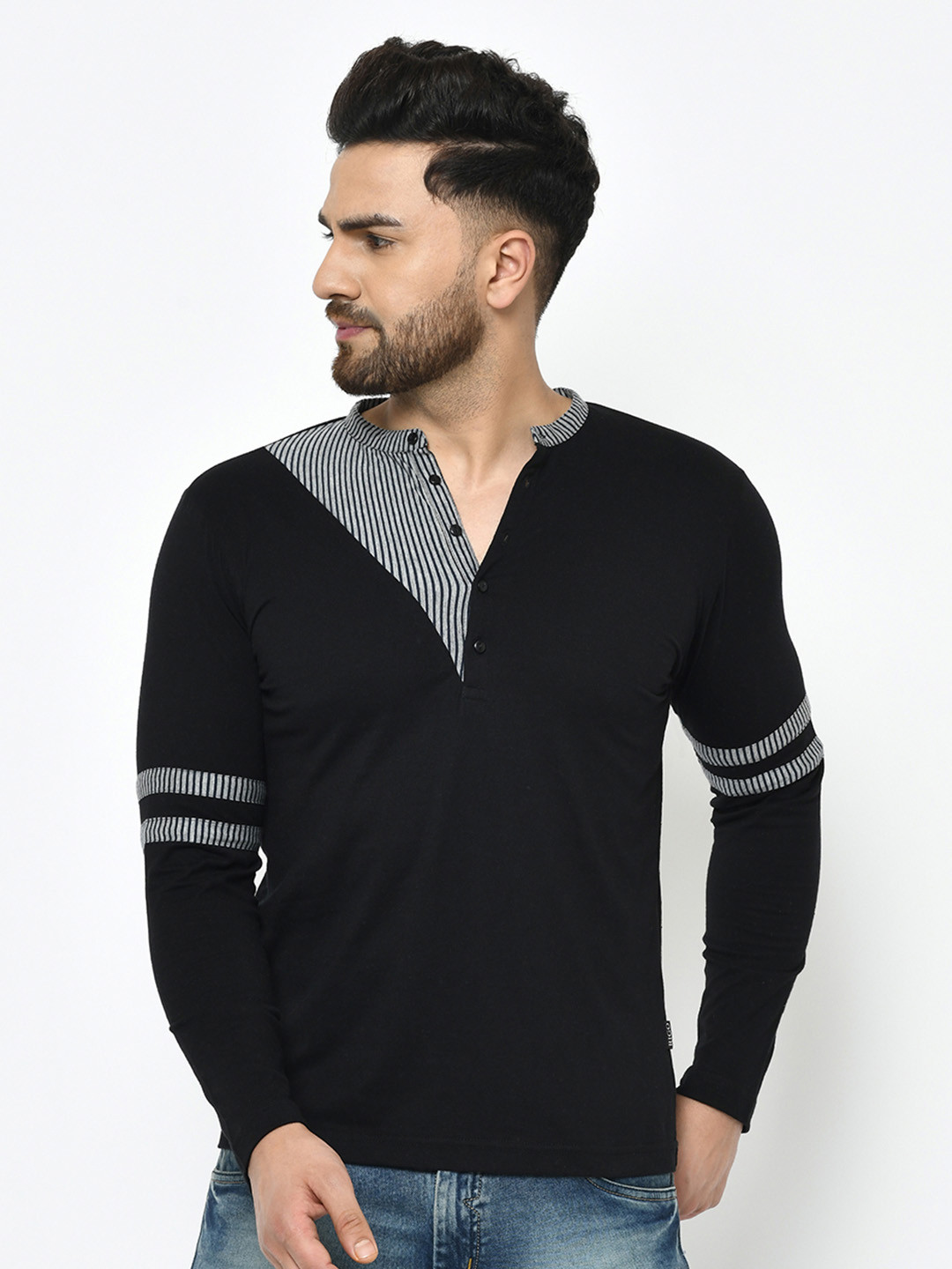 Rigo Men Black Striped Cotton T-shirt
