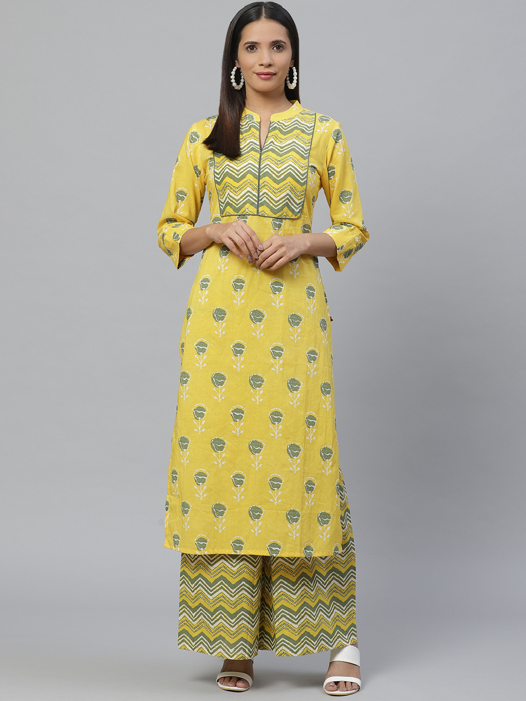 KSUT Women Yellow & Green Printed Kurta with Palazzos