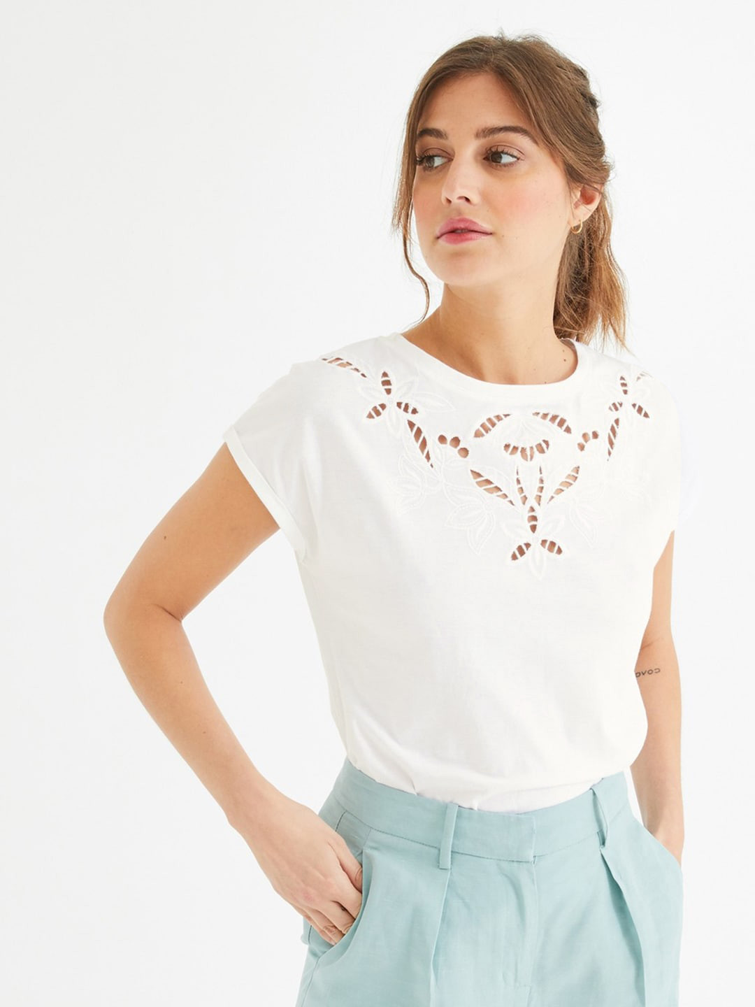 promod Women White Embroidered Pure Cotton Top