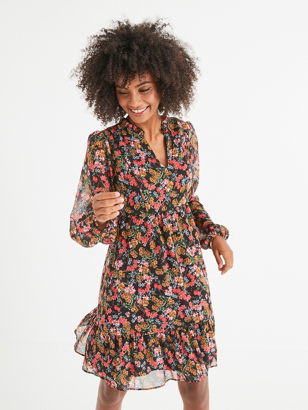 promod Women Black & Pink Printed A-Line Dress