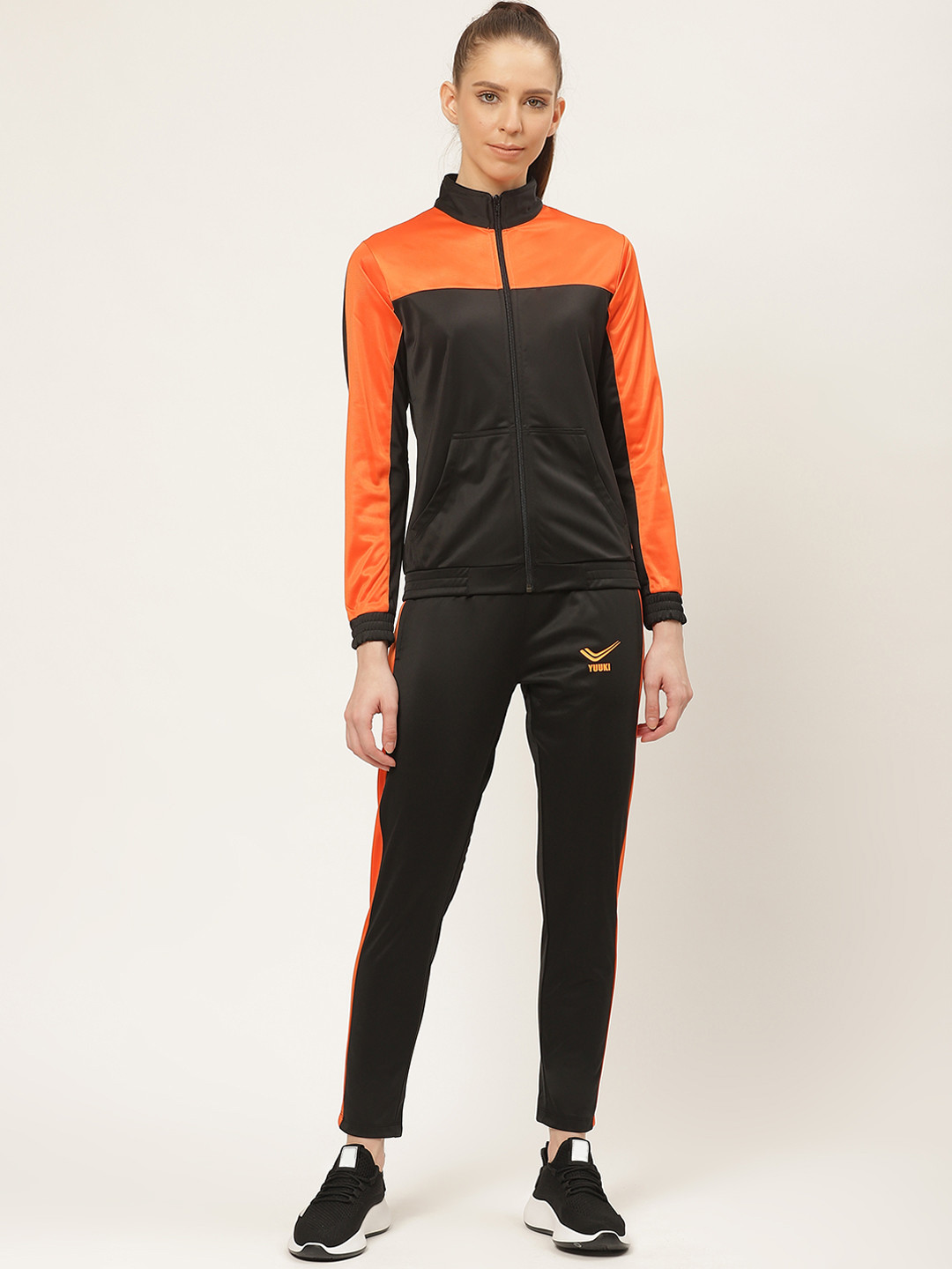 Yuuki Women Black & Orange Colourblocked Tracksuit
