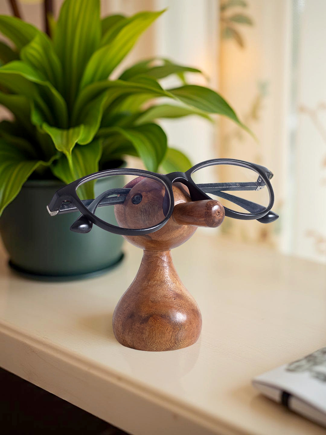 Golden Peacock Doll Shaped Spectacle Holder Brown Wood Natural Living Room Small Showpiece - 3.5 Inches