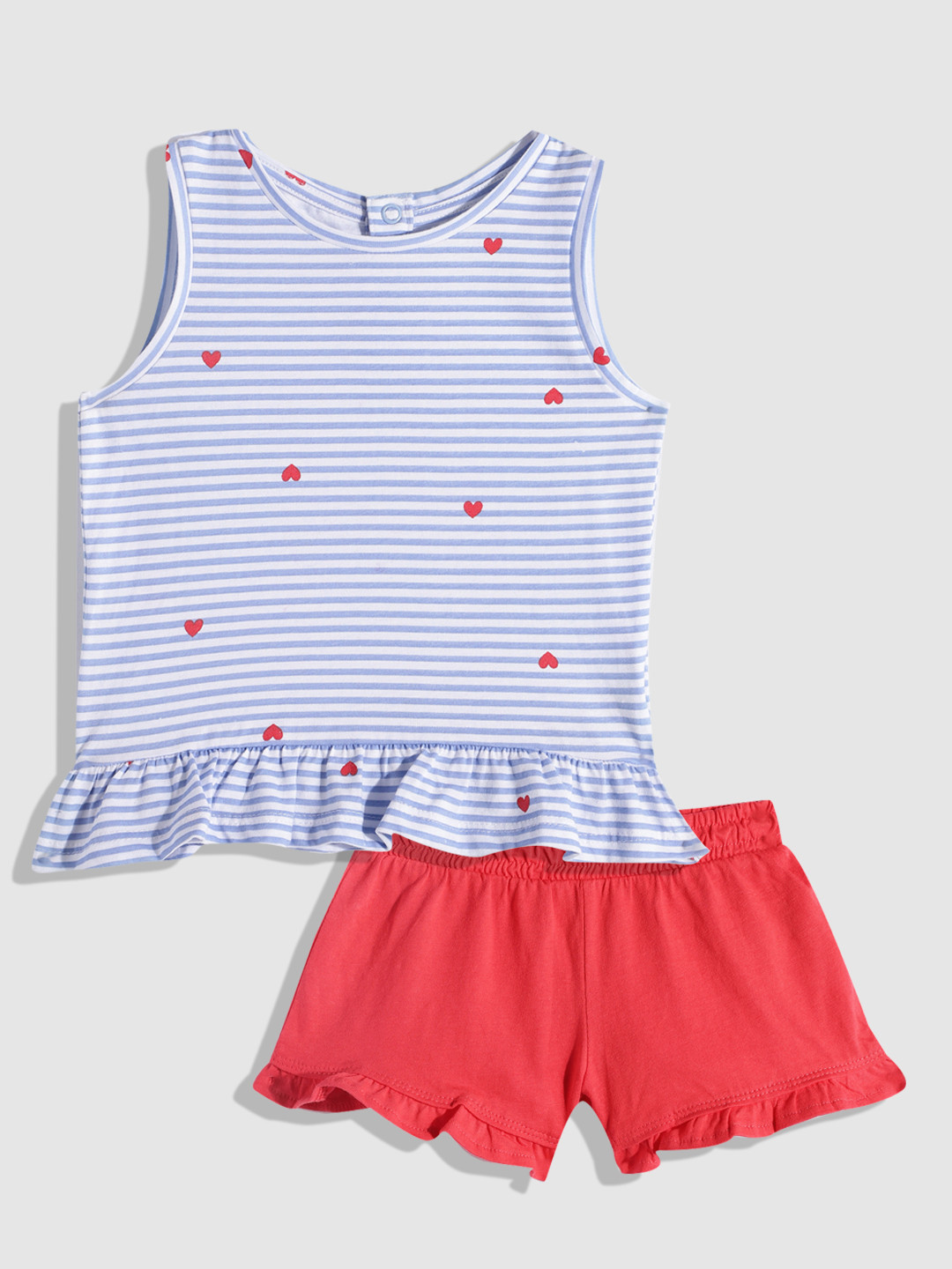 mothercare Girls Striped & Printed Ruffles Knitted Pure Cotton Top with Shorts