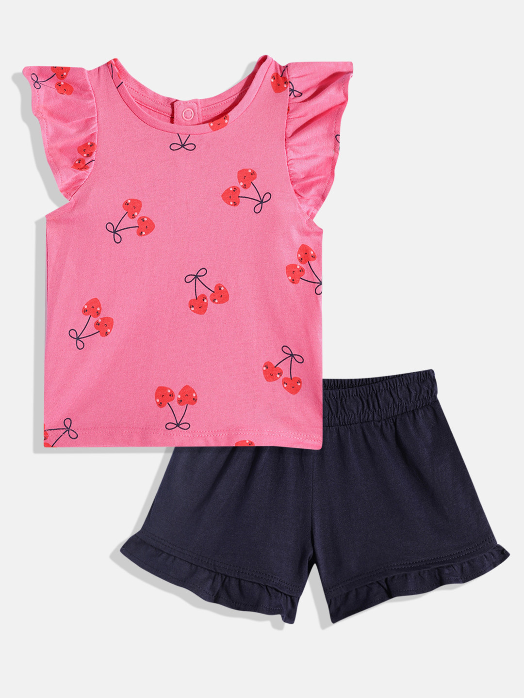 mothercare Girls Conversational Print Knitted Ruffles Pure Cotton Top with Shorts