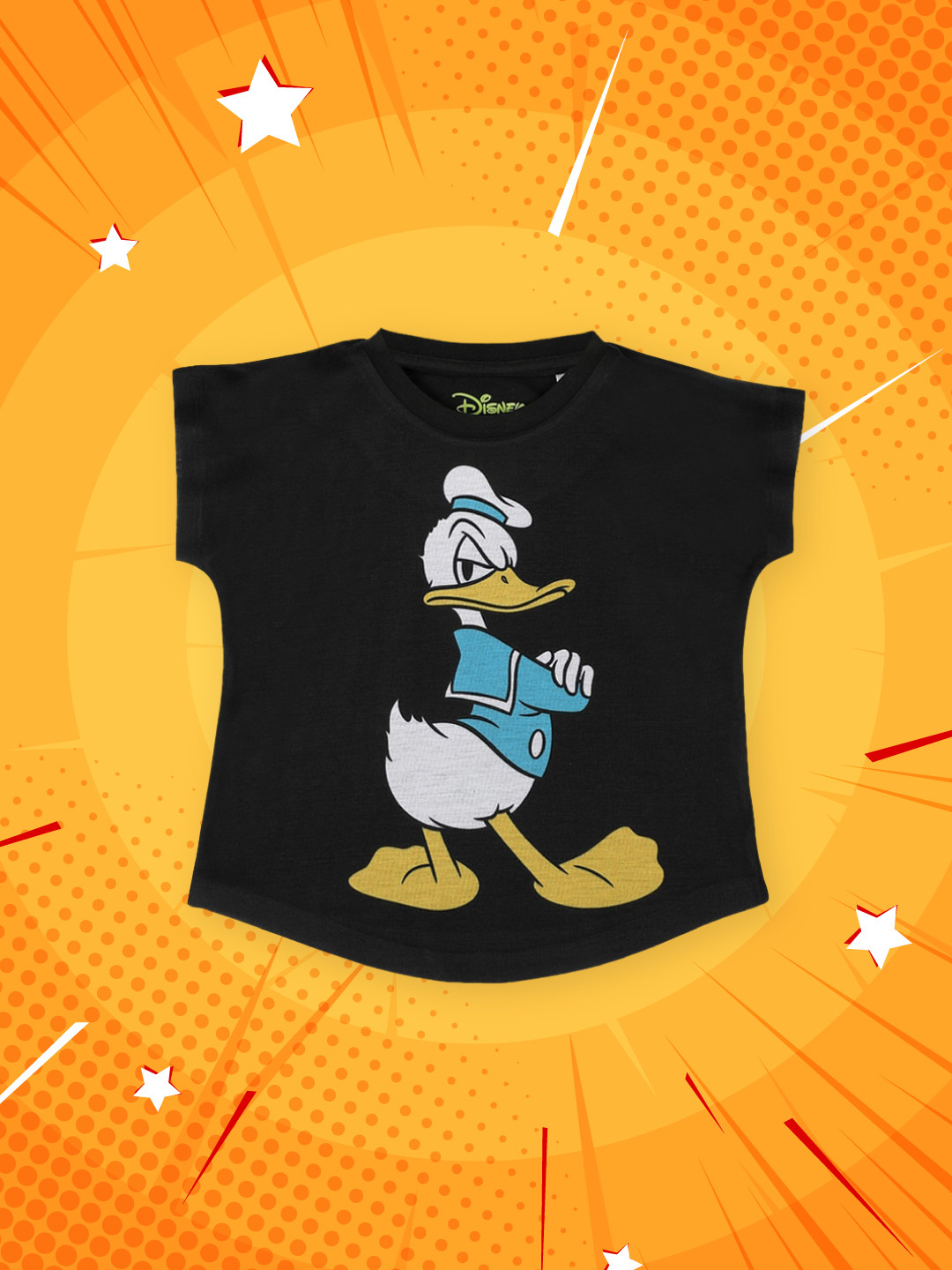 YK Disney Girls Black Donald Duck Printed Round Neck T-shirt