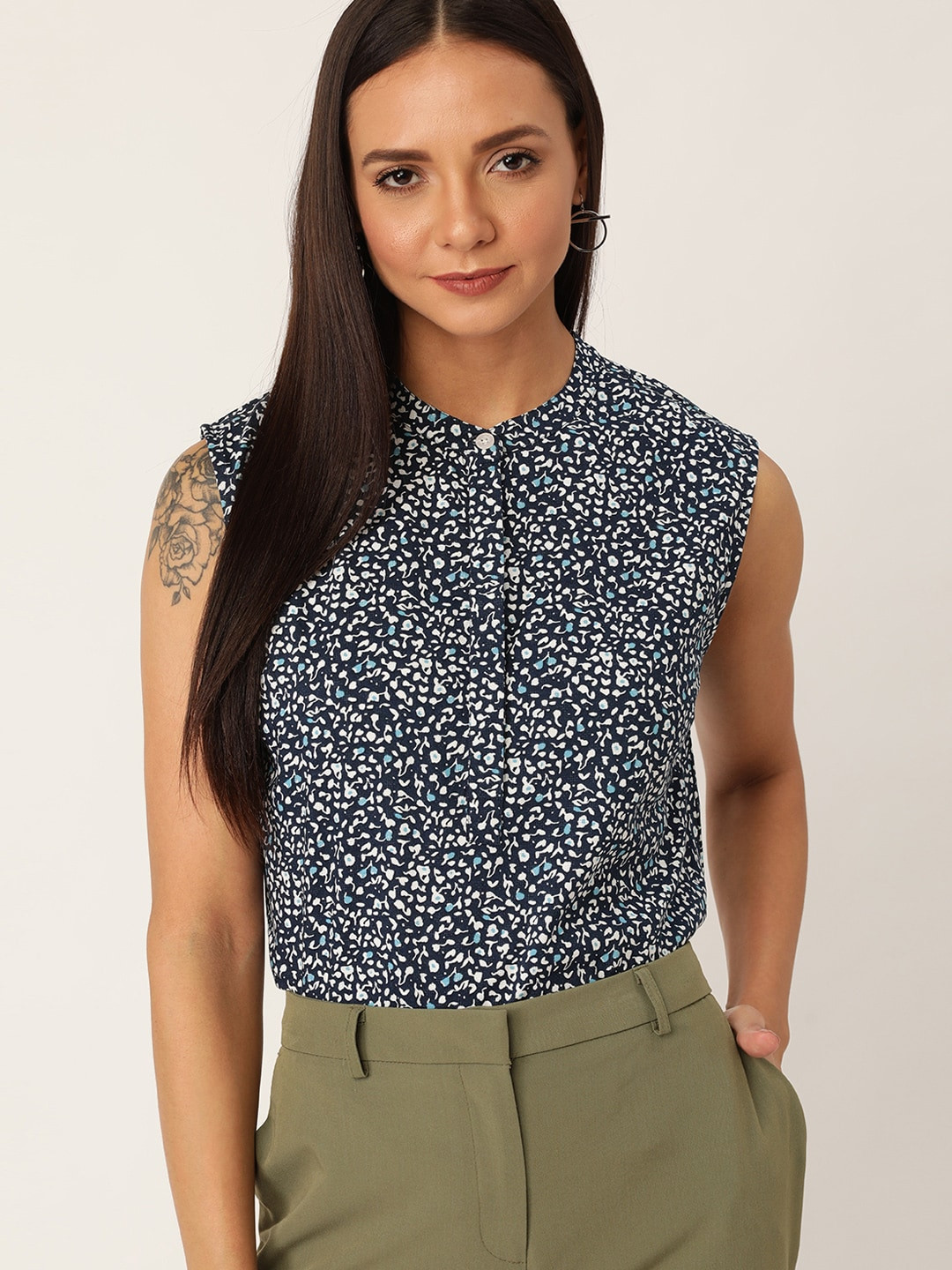 her by invictus Women Navy Blue & White Floral Print Shirt Style Pure Cotton Top