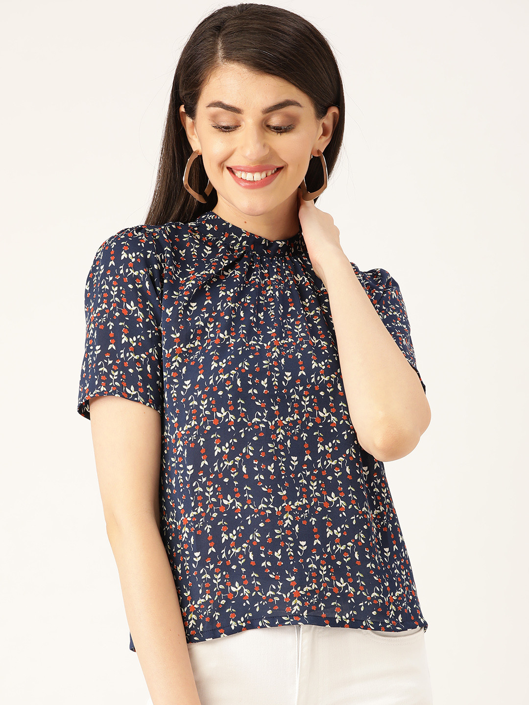 her by invictus Navy Blue & White Floral Pleated Top