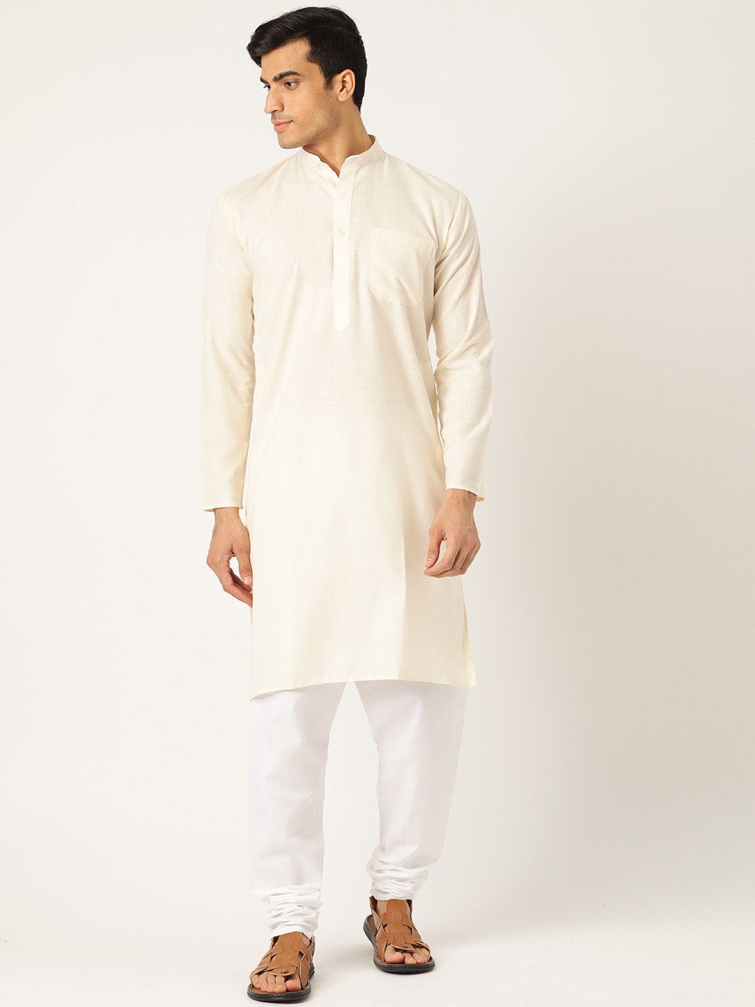 SOJANYA Men Cream-Coloured & White Solid Kurta with Churidar
