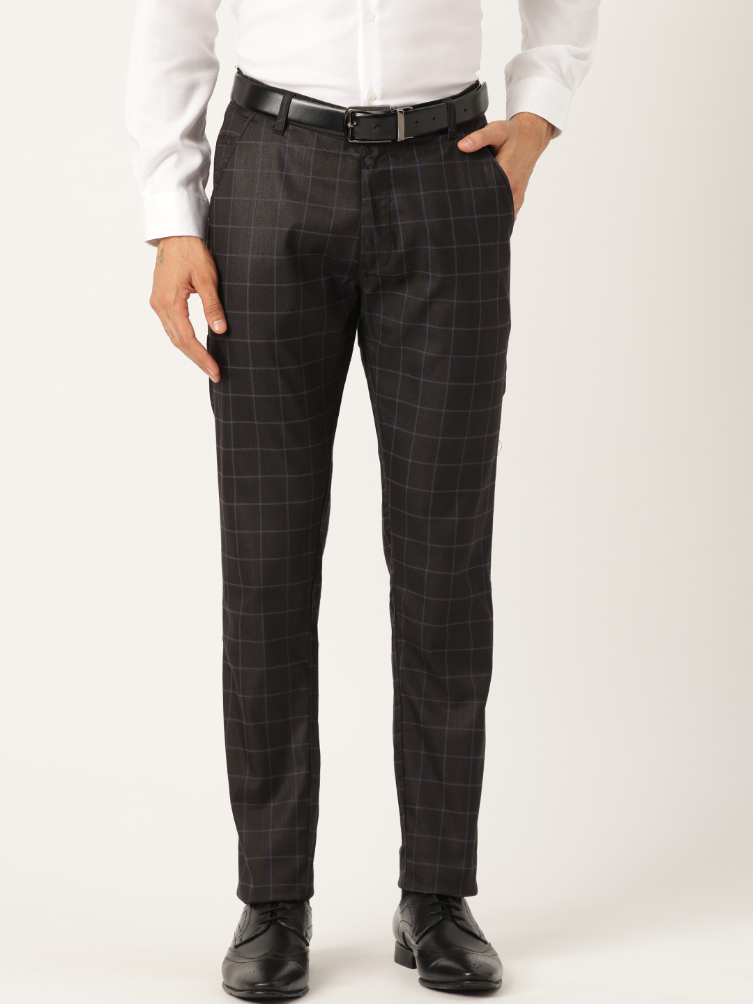 SOJANYA Men Black & Purple Smart Regular Fit Checked Formal Trousers