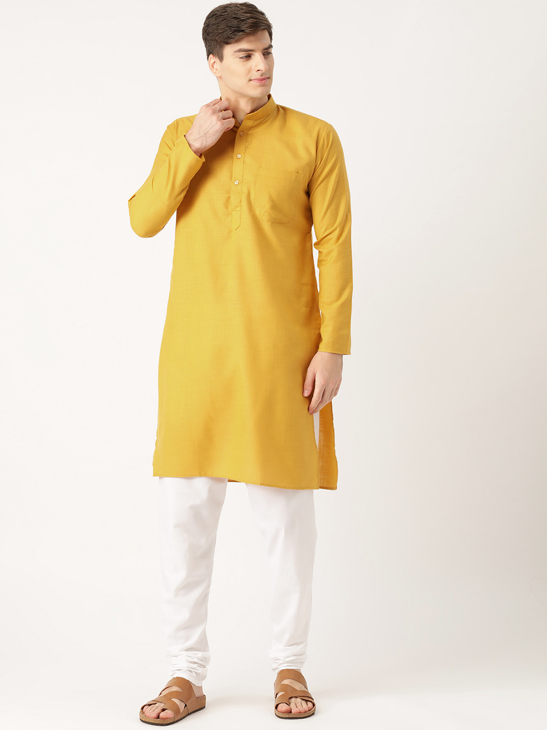 SOJANYA Men Mustard Yellow Solid Kurta with Churidar