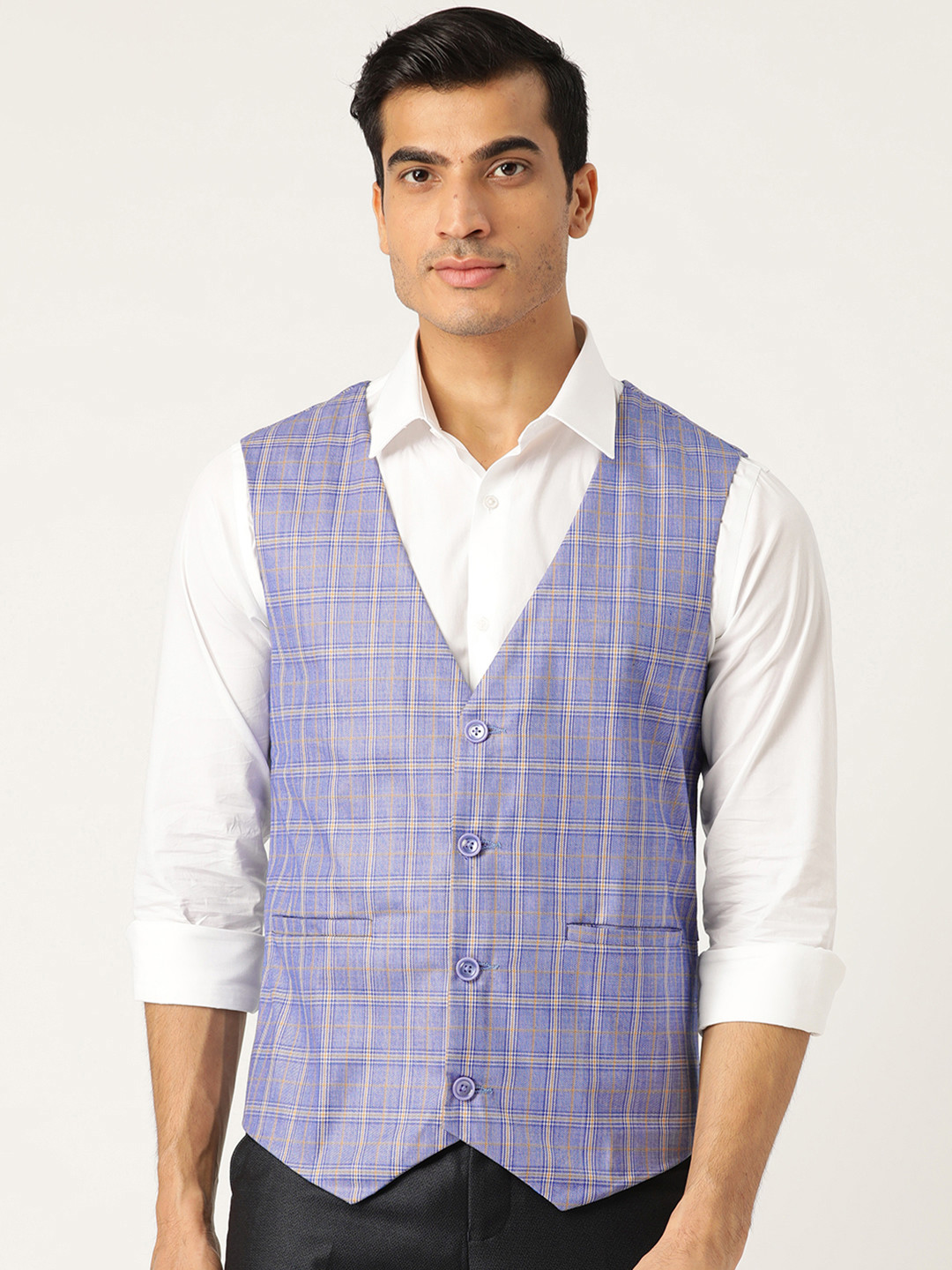 SOJANYA Men Blue & Mustard Yellow Checked Formal Waistcoat