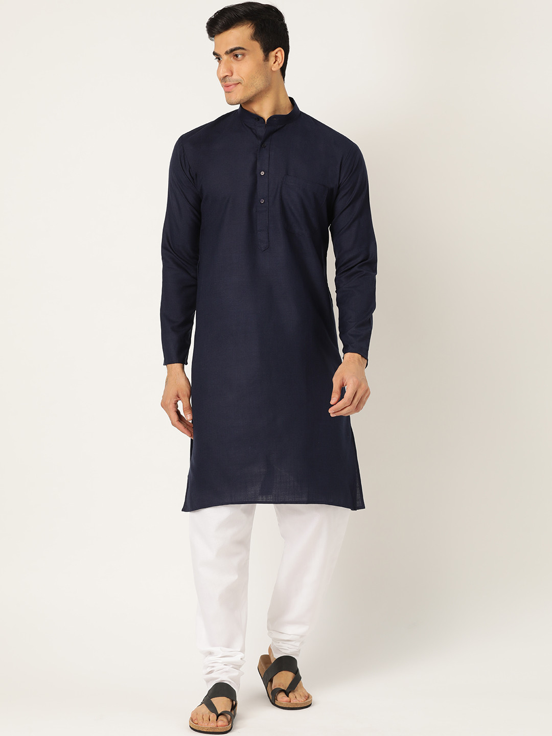 SOJANYA Men Navy Blue & White Solid Kurta with Churidar