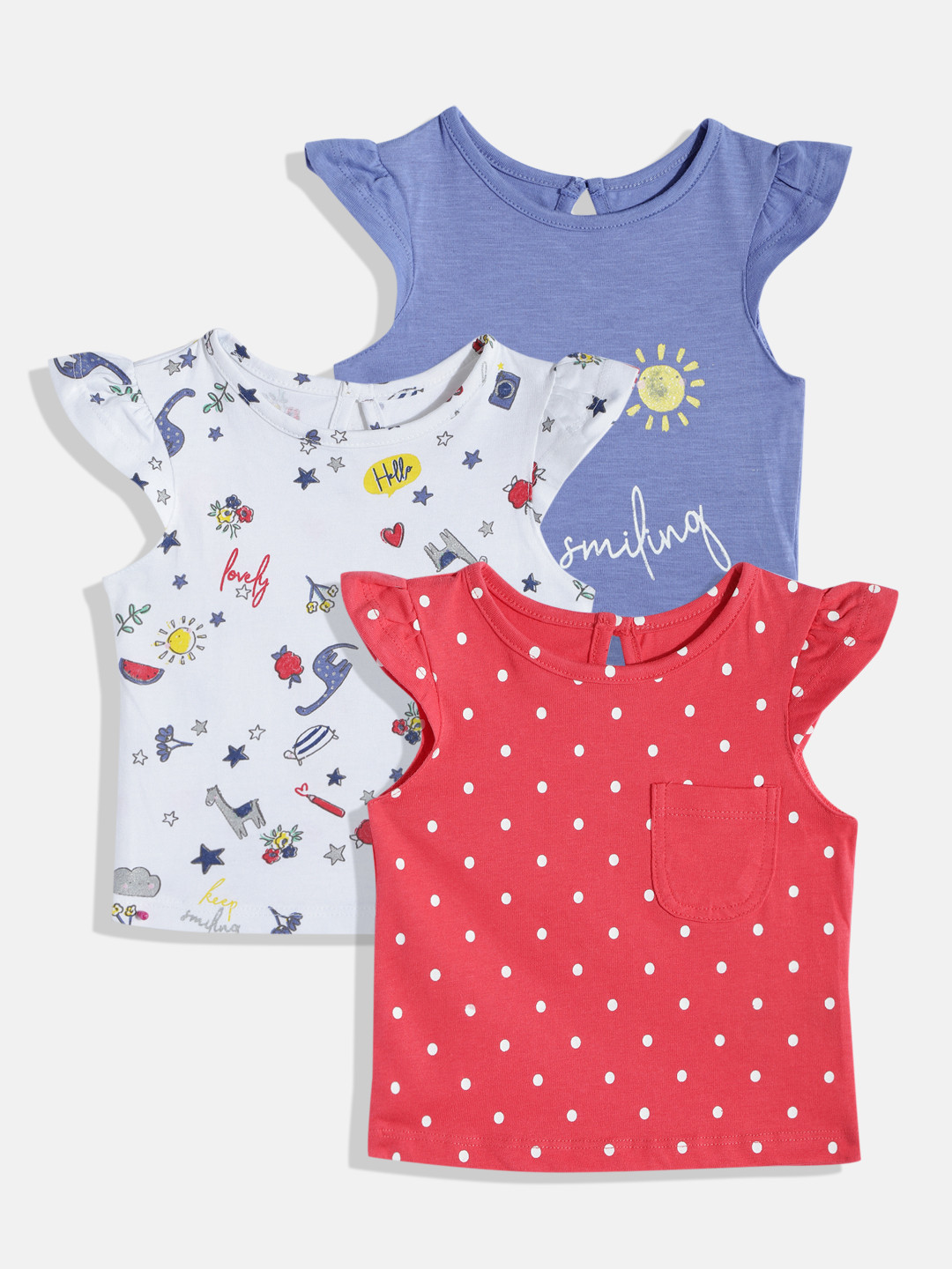 mothercare Girls Pack of 3 Printed Pure Cotton T-shirts