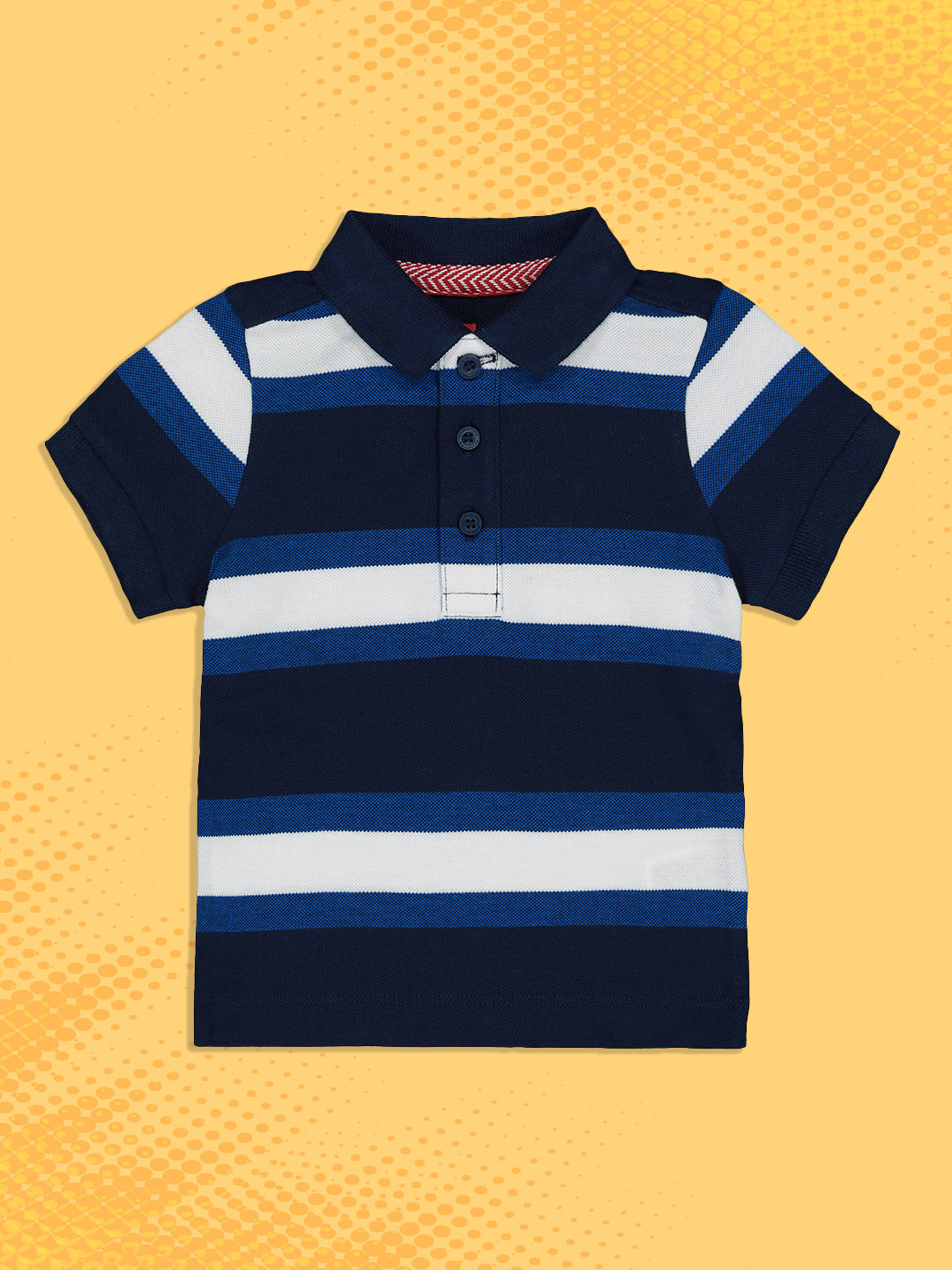 mothercare Boys Navy Blue & White Striped Polo Collar Pure Cotton T-shirt