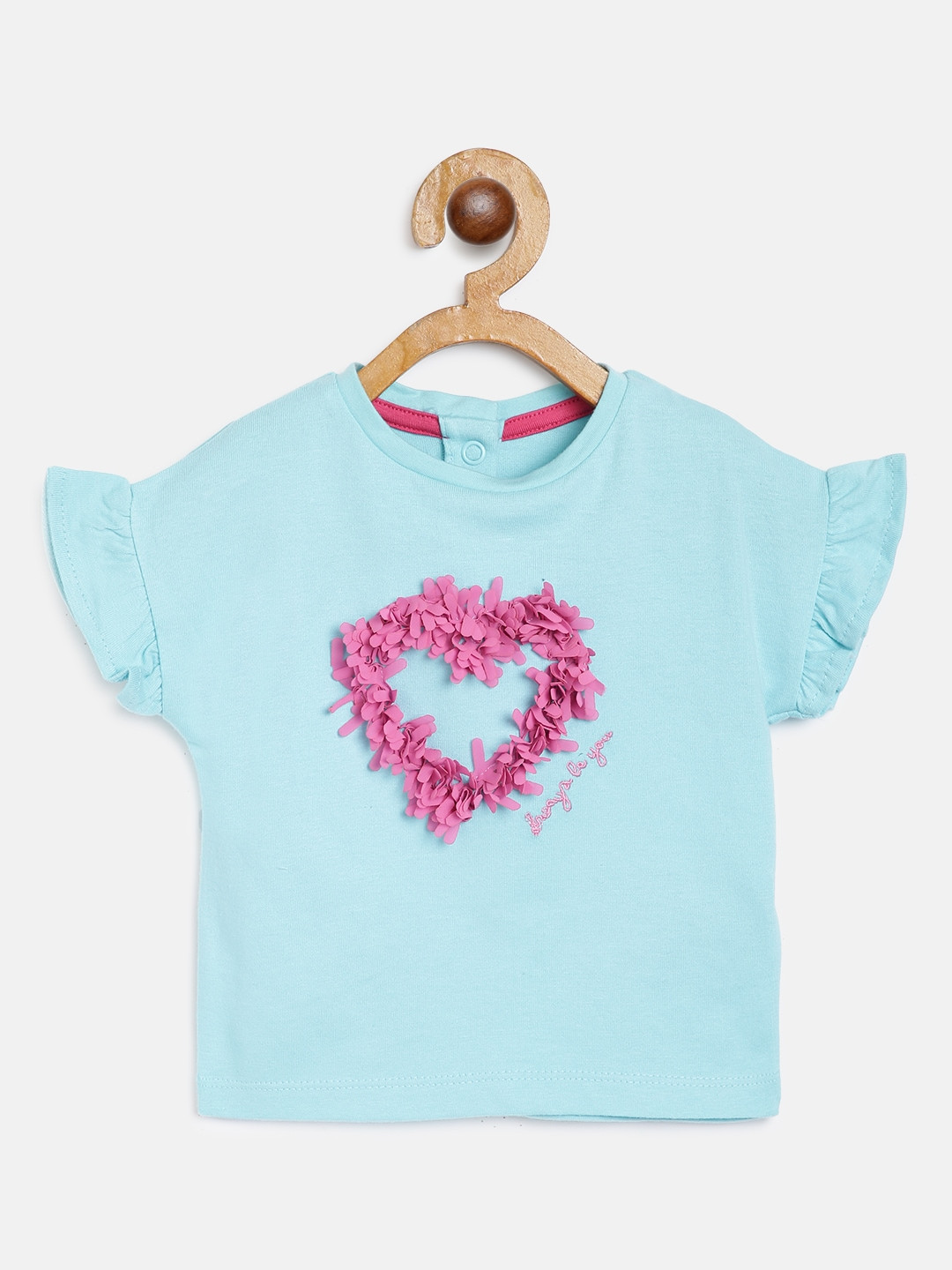 mothercare Girls Blue & Pink Heart Shaped Applique Pure Cotton Top with Flutter Sleeves