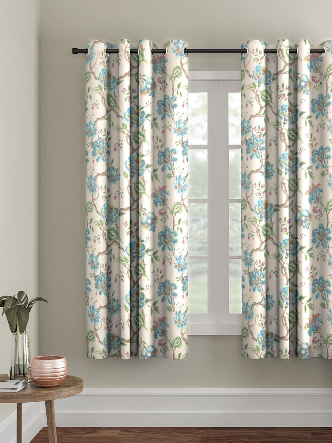 Soumya Cream-Coloured & Green Single Room Darkening Window Curtain