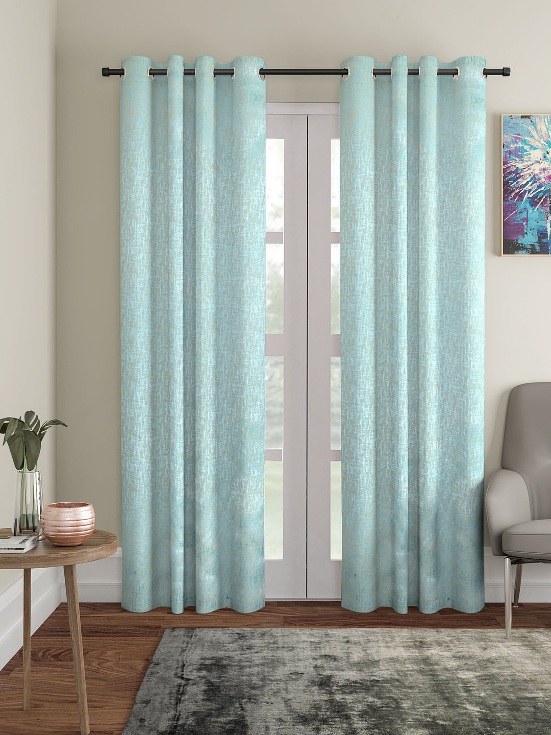 Soumya Turquoise Blue Single Room Darkening Satin Finish Door Curtain
