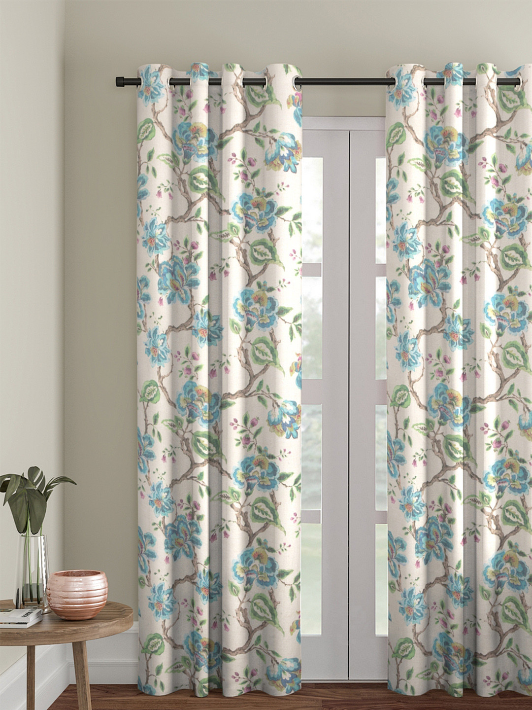 Soumya Cream-Coloured & Green Single Room Darkening Long Door Curtain
