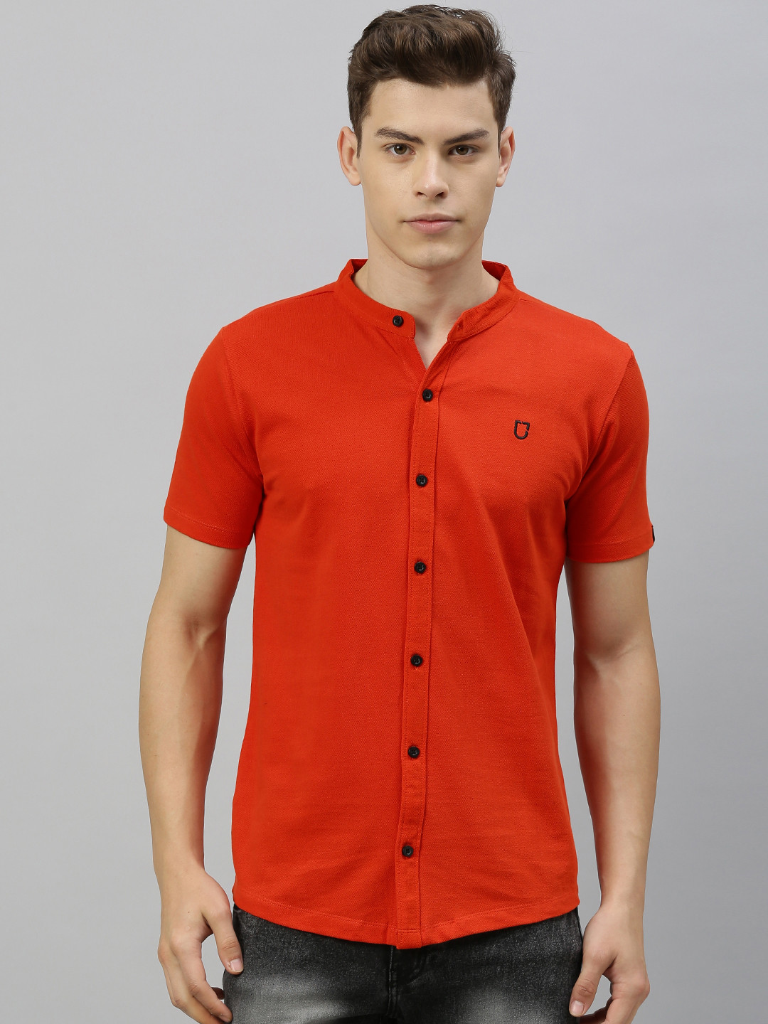 Urbano Fashion Men Rust Orange Slim Fit Solid Knitted Casual Shirt