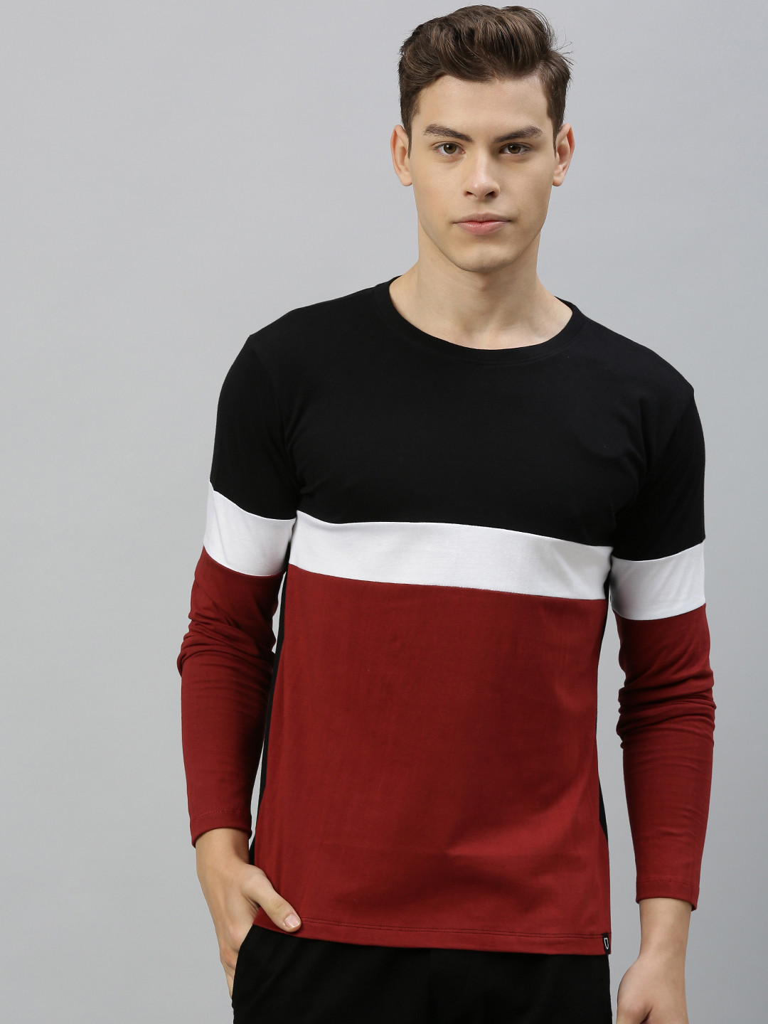 Urbano Fashion Men Black  Maroon Colourblocked Round Neck Pure Cotton T-shirt