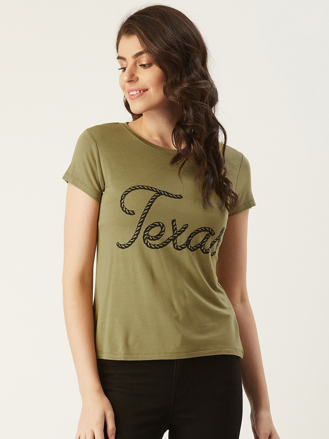 STREET 9 Women Olive Green & Black Printed Round Neck T-shirt