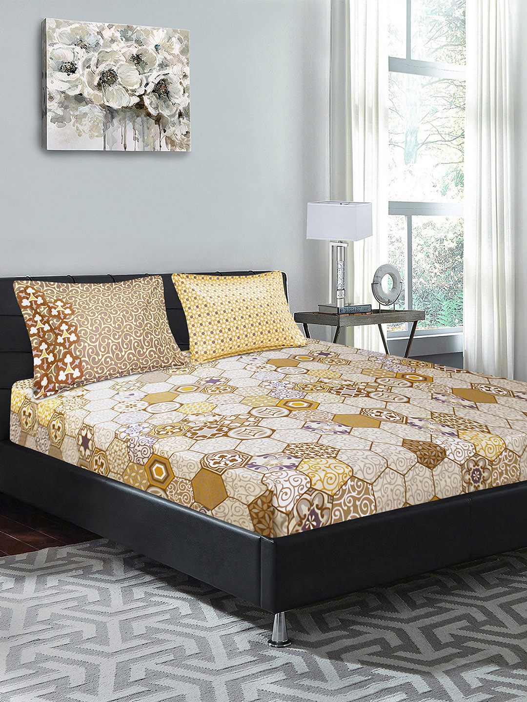 Good Homes by Home Candy Cheerful Brown Geometric Cotton 210 TC King Fine Bedsheet with 2 Pillow Covers-108 x 108 inches