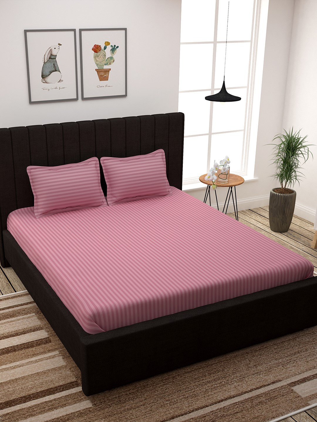 Story@home Pink Self-Striped 300 TC Cotton 1 King Bedsheet with 2 Pillow Covers