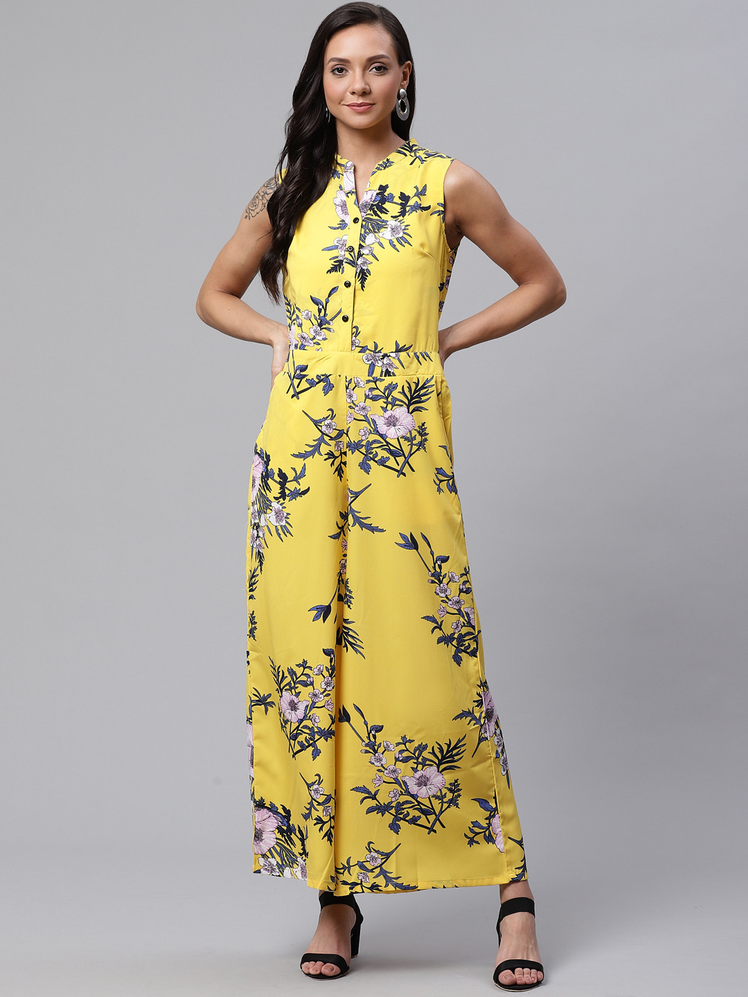 Deewa Women Yellow & Blue Floral Print Basic Jumpsuit